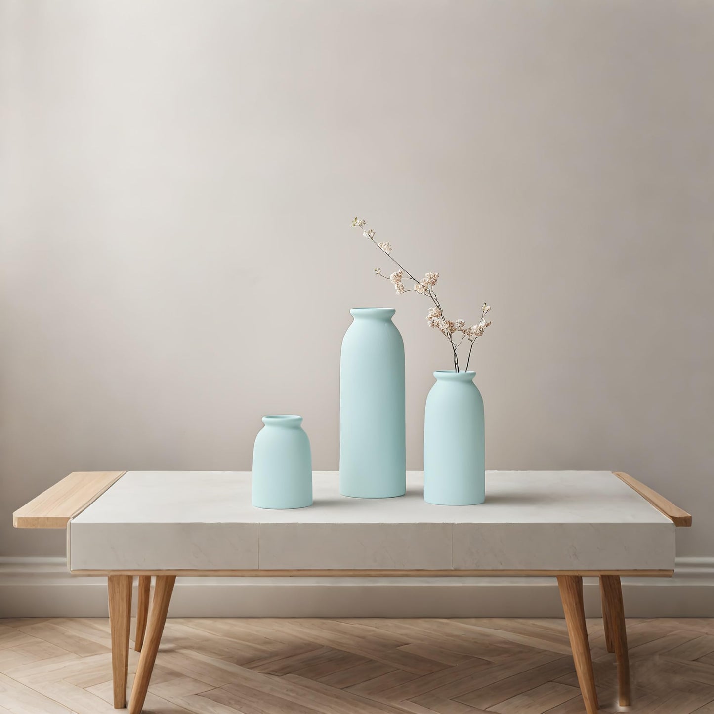 Ceramic Vase Set-3, Small Flower Vases for Decor, Modern Boho Farmhouse Style, Decorative Vases for Pampas Grass & Dried Flowers, Distressed Finish (Beige)