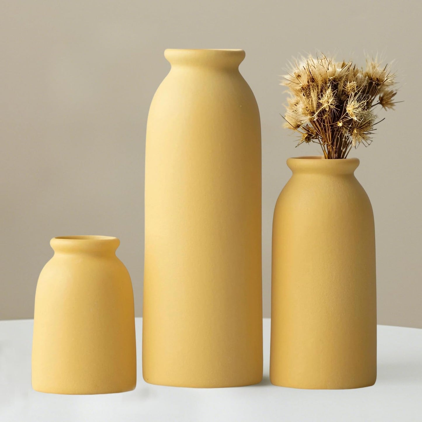 Ceramic Vase Set-3, Small Flower Vases for Decor, Modern Boho Farmhouse Style, Decorative Vases for Pampas Grass & Dried Flowers, Distressed Finish (Beige)
