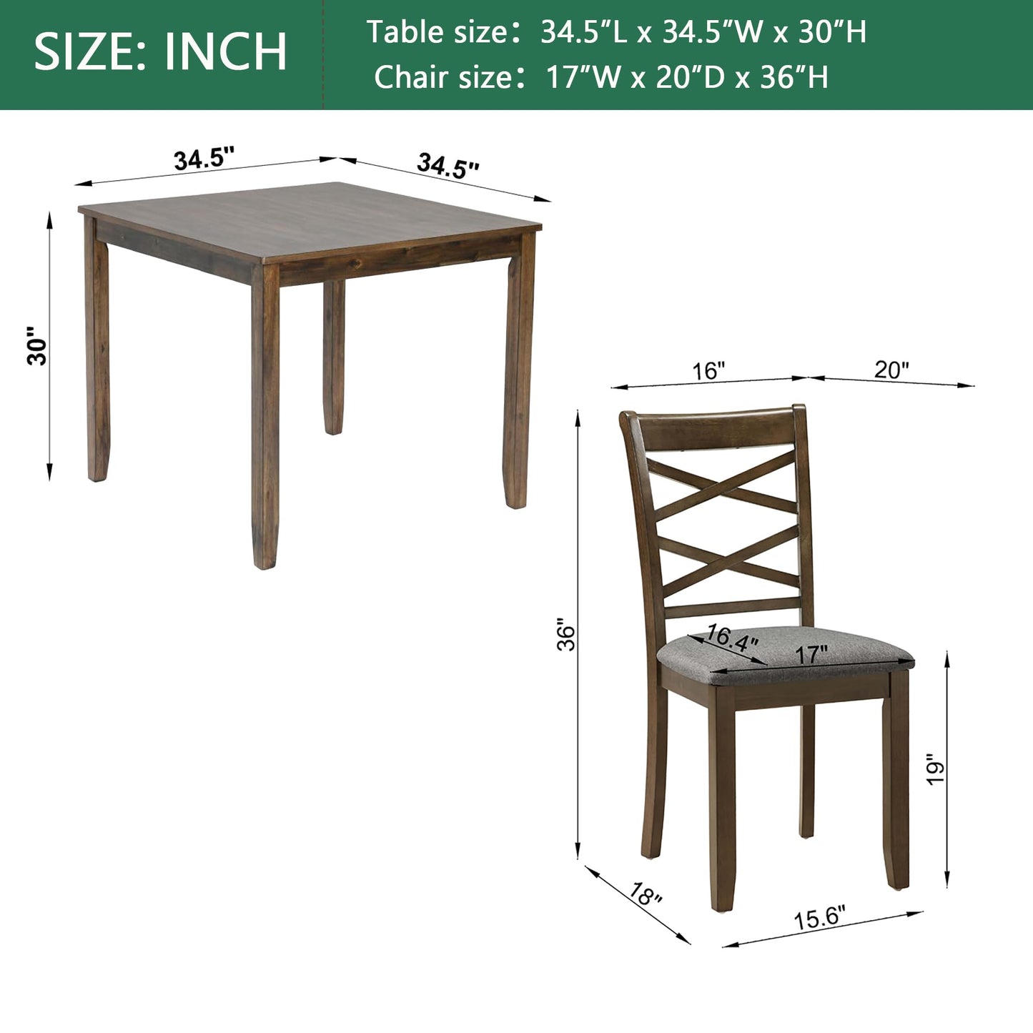 LKTART 5-Piece Kitchen & Dining Room Table and Chairs Sets,Small Square Kitchen Table with 4 Upholstered XX-Shaped Backrest Chairs,Walnut