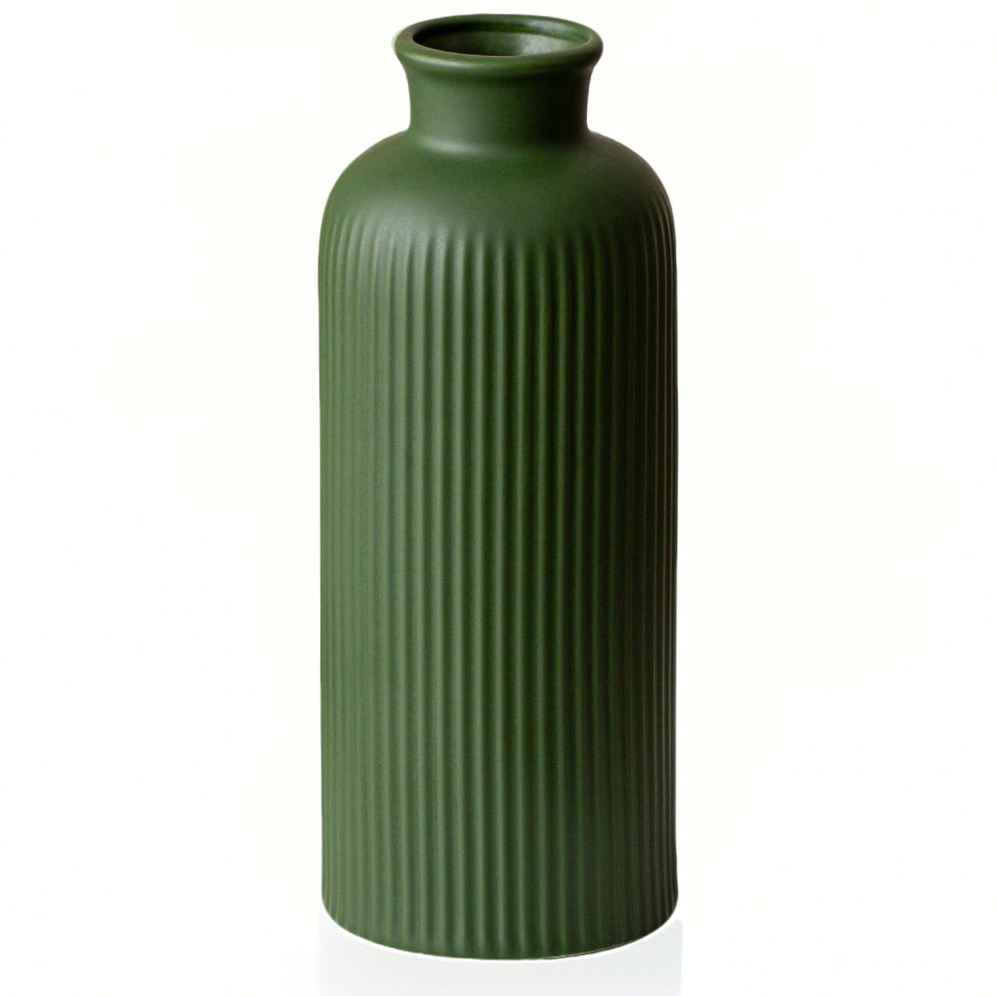 White Ribbed Ceramic Vase for Flowers, Modern Textured Decorative Vase, 10 Inch Tall, Farmhouse Style Home Decor (Matte Glaze White)