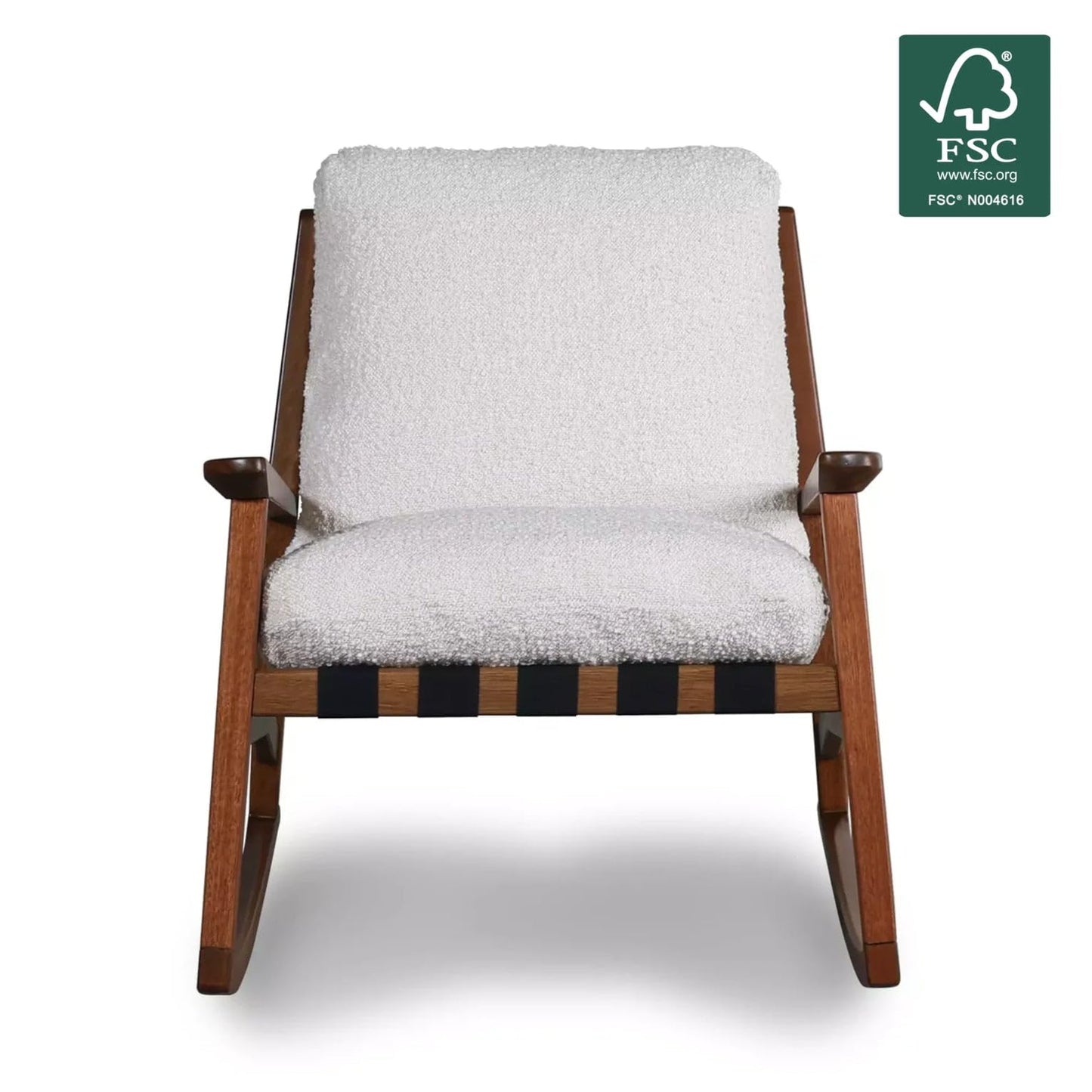Grain Wood Furniture Solid Wood Mid Century Rocking Chair with Off-White Performance Boucle Cushions