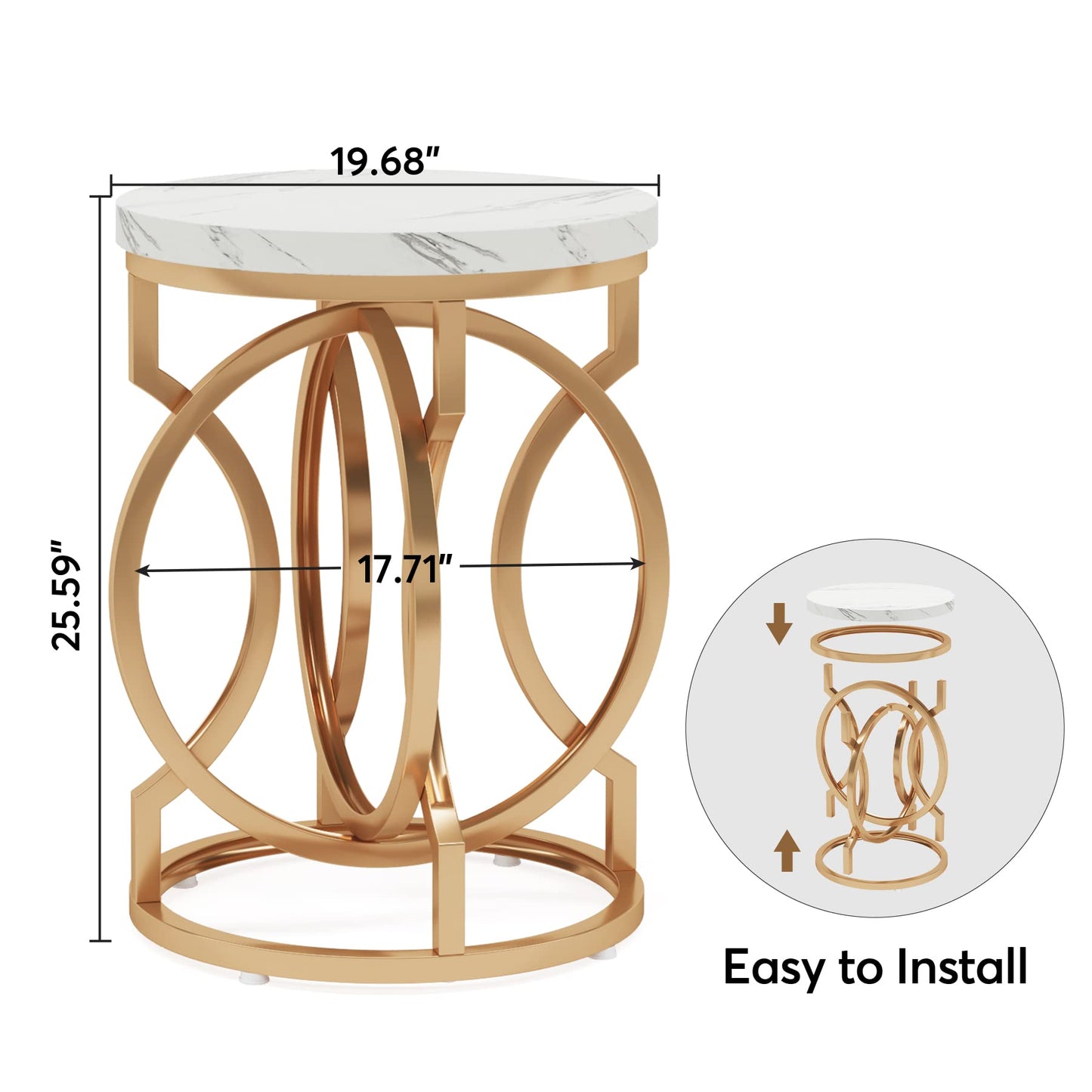 Tribesigns Modern Round End Table Set of 2 with Thickened Tabletop, 20" Gold Side Table with Unique O-Shaped Metal Base, Midcentury Nightstand for Living Room Bedroom, White + Gold