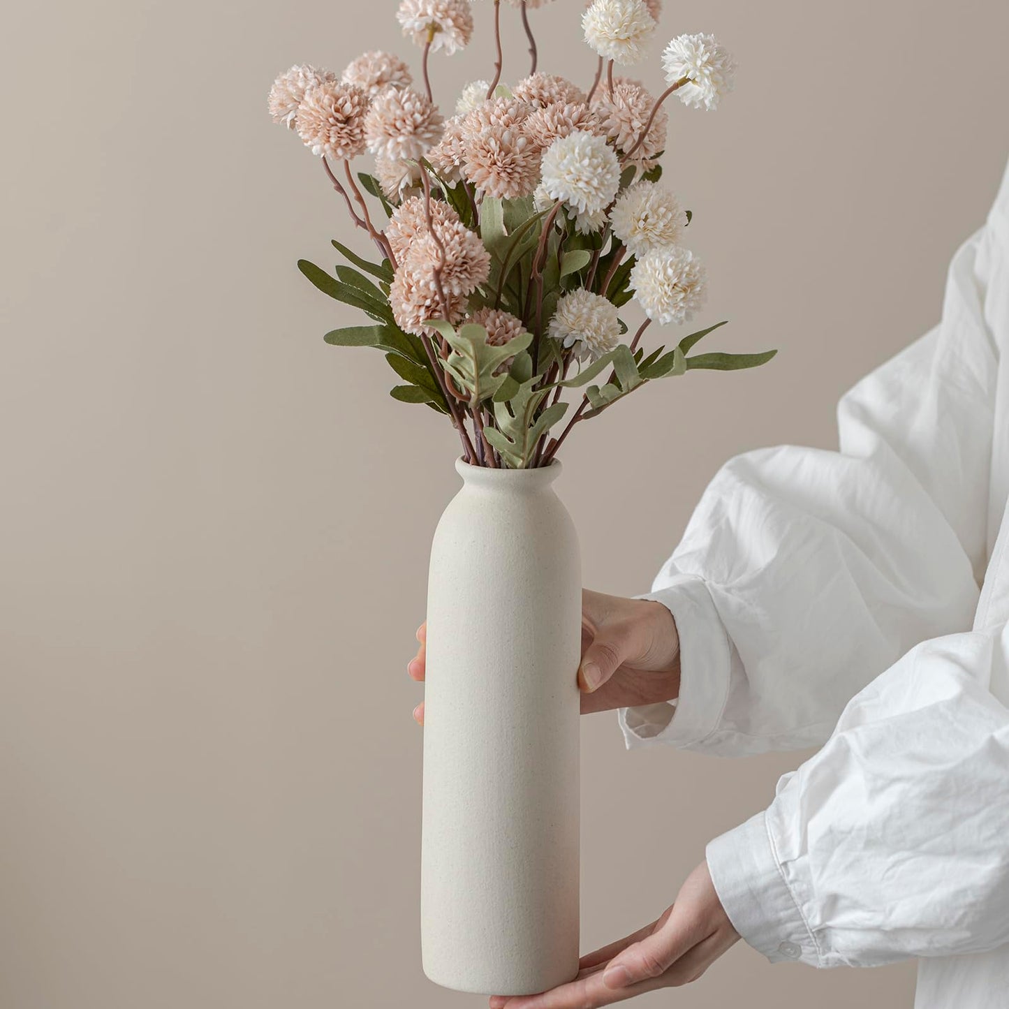 Ceramic Vase Set-3, Small Flower Vases for Decor, Modern Boho Farmhouse Style, Decorative Vases for Pampas Grass & Dried Flowers, Distressed Finish (Beige)