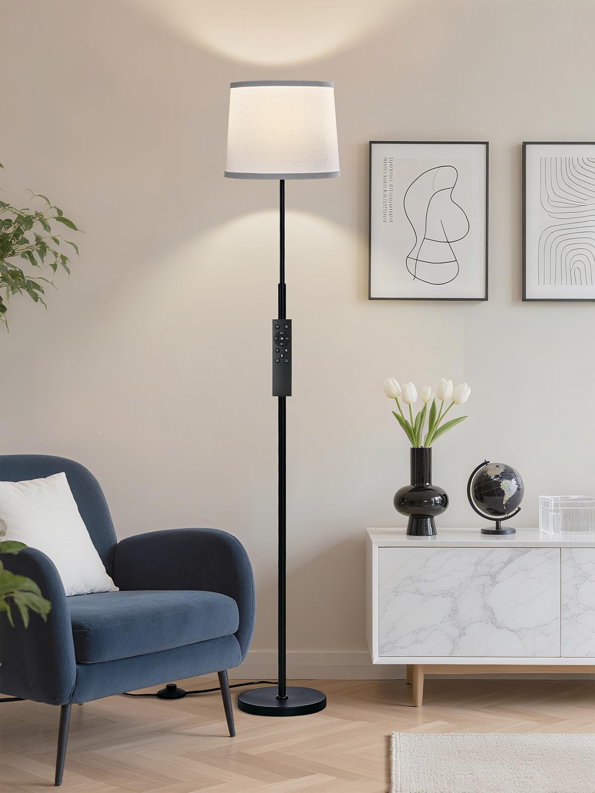 60" Modern Floor Lamp for Living Room Bedroom, Standing Lamp with Oatmeal Linen Lampshade, Tall Lamp with A19 9W 3 Color Temperature Bulb, Foot Switch Control, Black
