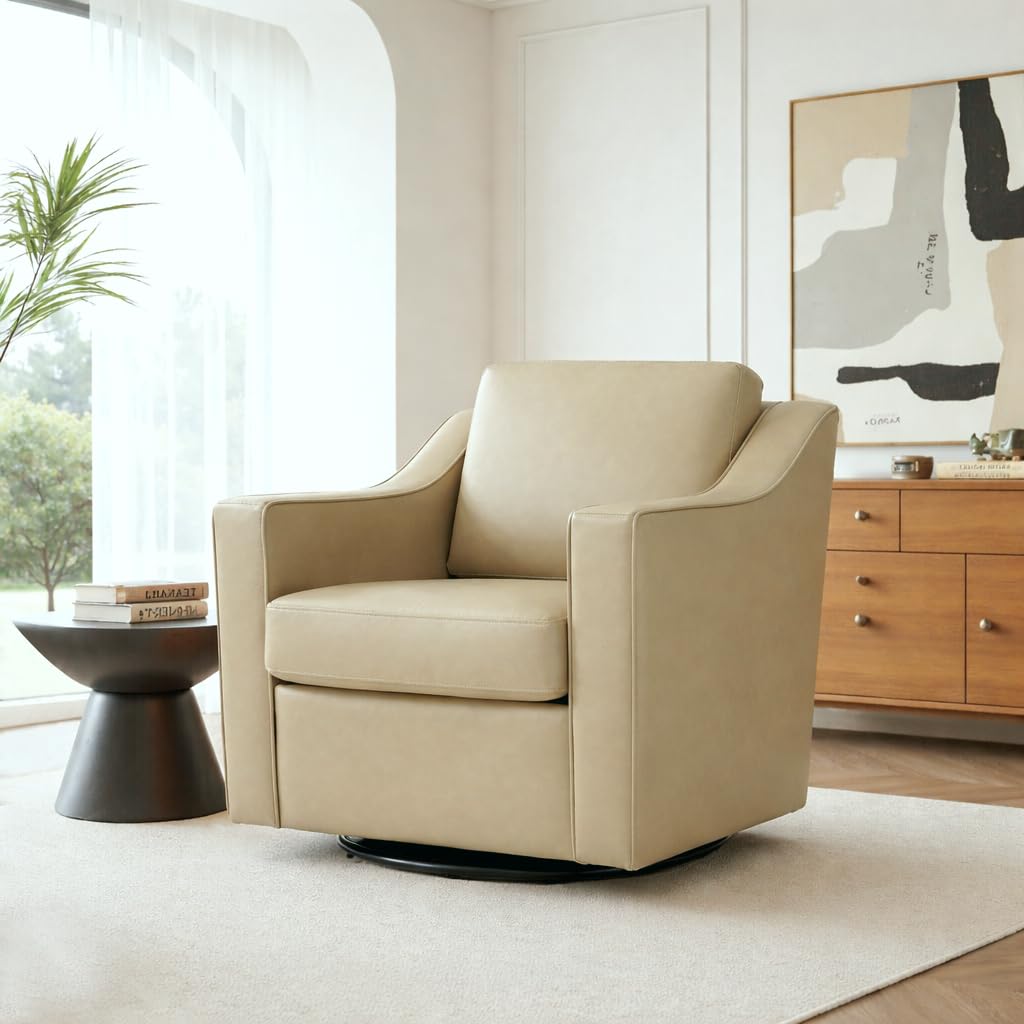 Swivel Accent Chairs Set of 2, 360° Swivel Upholstered Faux Leather Club Armchairs for Living Room, Comfy Single Sofa Reading Chair with Deep Seat, Metal Swivel Base, Coffee