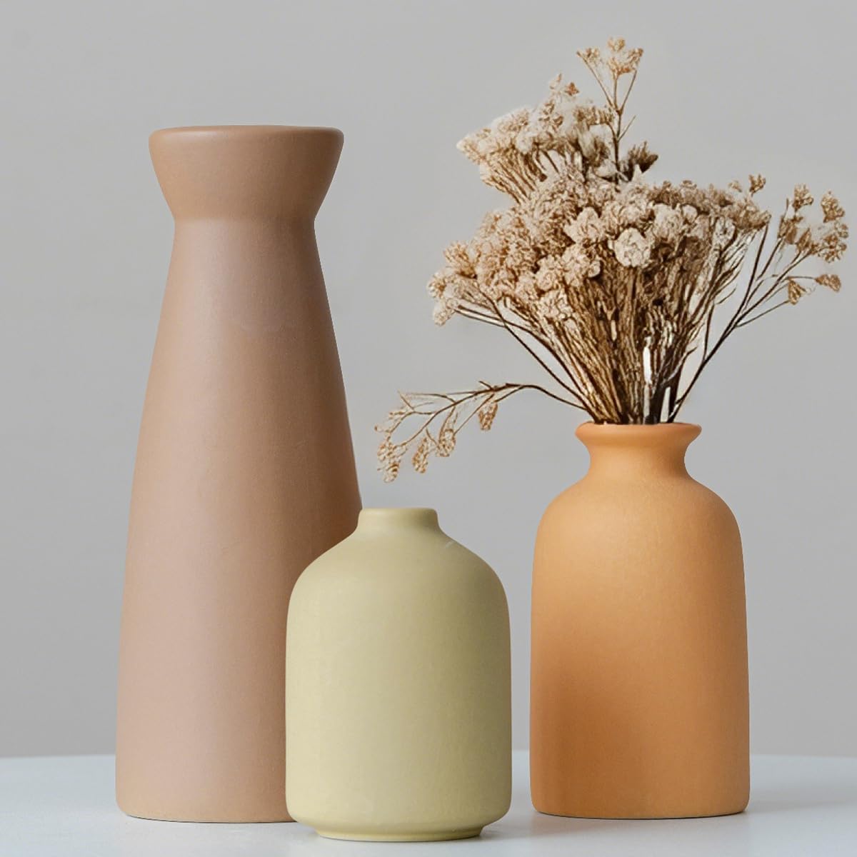 Distressed Ceramic Vase Set of 3, Modern Bohemian Farmhouse Home Decor, Pampas Grass Dried Flowers Vases for Living Room, Dining Room, Bedroom, Kitchen, Bathroom, Office, Entryway (White)