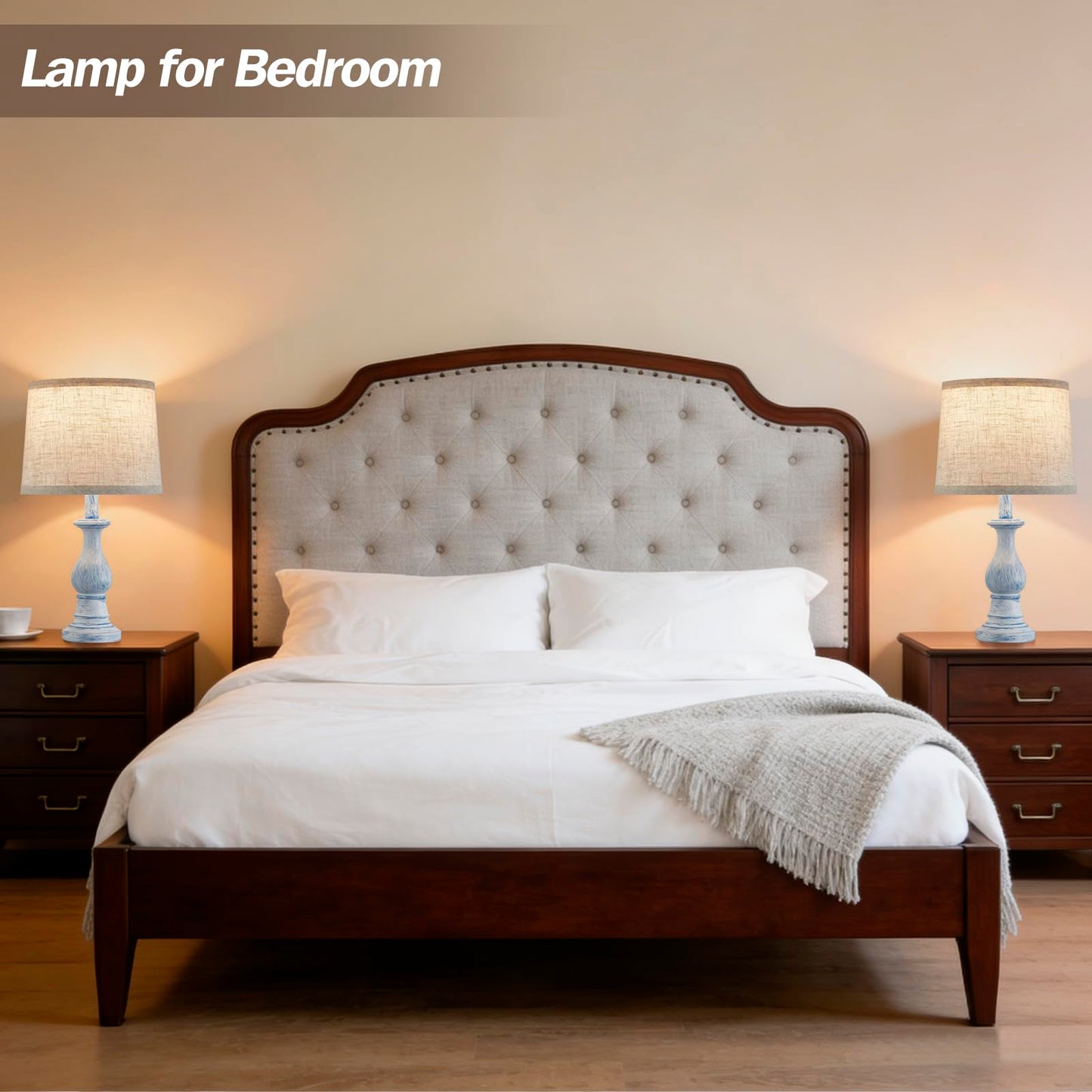Vintage Table Lamp for Living Room Bedroom, 18.5" Farmhouse Bedside Lamps Nightstand Lamp Set of 2, Table Lamps with Oatmeal Linen Lamp Shades, 2 LED Bulbs Included