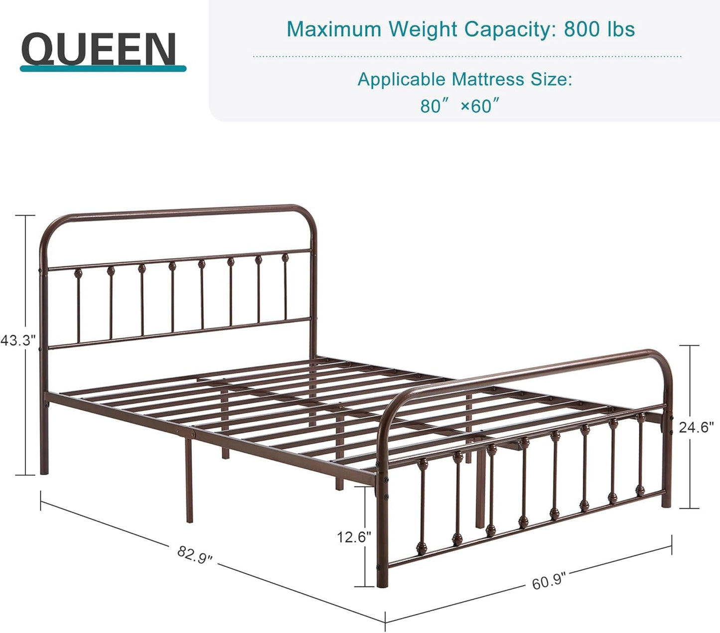 VECELO King Size Victorian Style Metal Bed Frame with Headboard/Mattress Foundation/No Box Spring Needed/Under Bed Storage and Strong Slat Support Purple Bronze