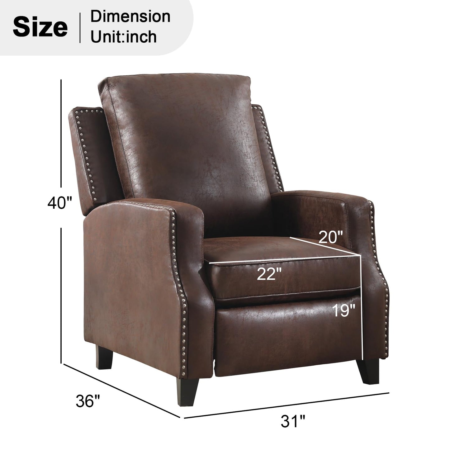 IOMOR Push Back Recliner Chair Faux Leather Lounge Armchair with Rivet Decoration Wingback Single Sofa Chair with Padded Seat Solid Wood Legs for Living Room, Comfy Upholstered, Red Brown