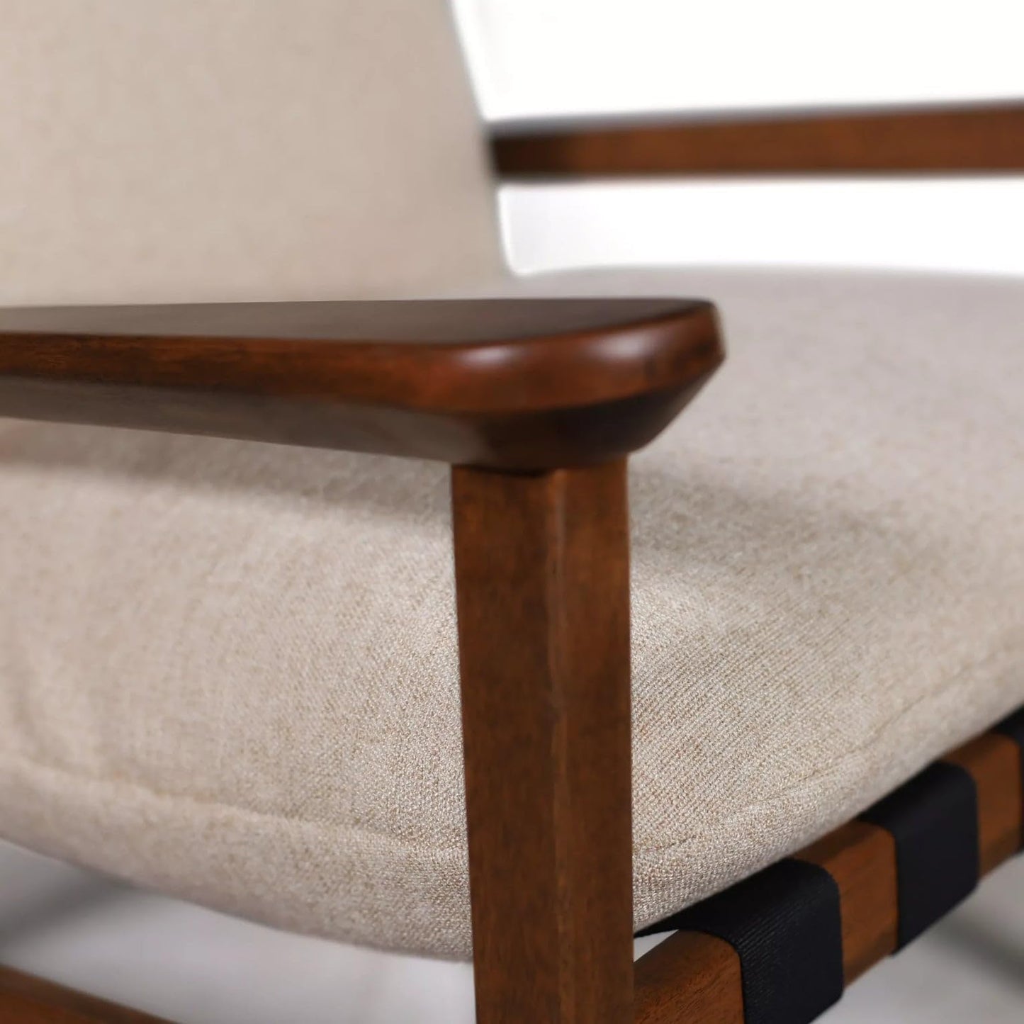 Grain Wood Furniture Solid Wood Mid Century Rocking Chair with Off-White Performance Boucle Cushions