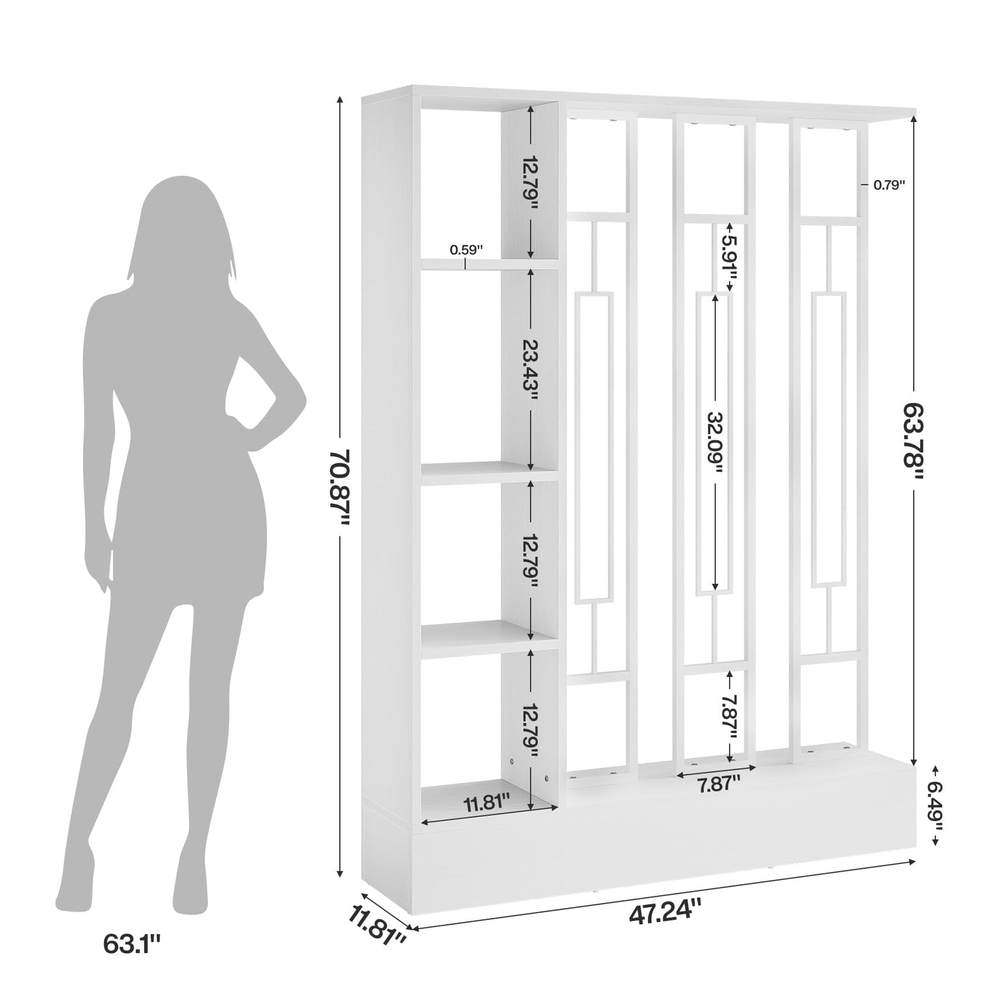 Tribesigns Wall Room Divider with Display Shelves, 70.9" Modern Freestanding Room Divider Screen with Sturdy Base, Wall Partition for Home & Office (Brown & Black, 47.2" W x 11.8" D x 70.9" H)