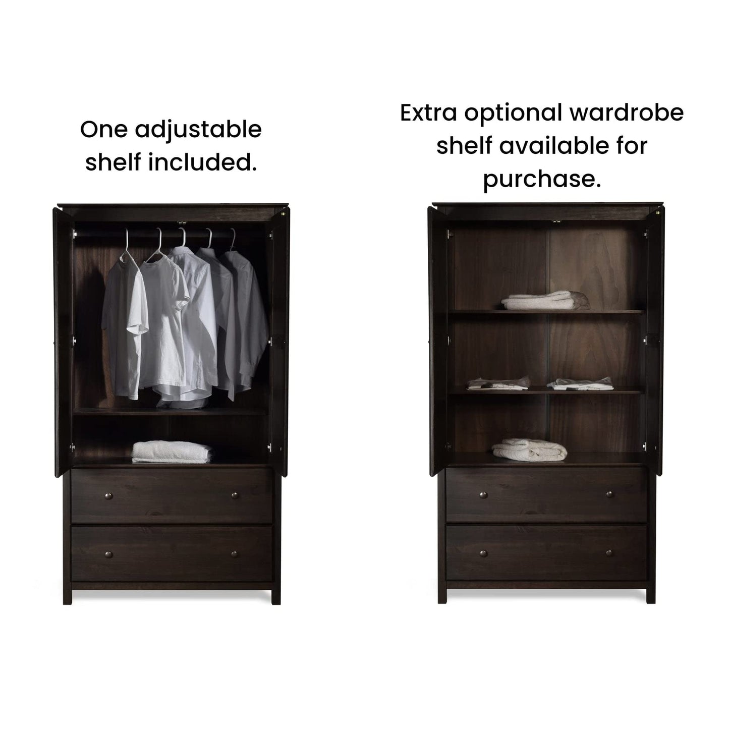 Grain Wood Furniture Shaker 2-Door Wardrobe, Solid Wood with Walnut Finish
