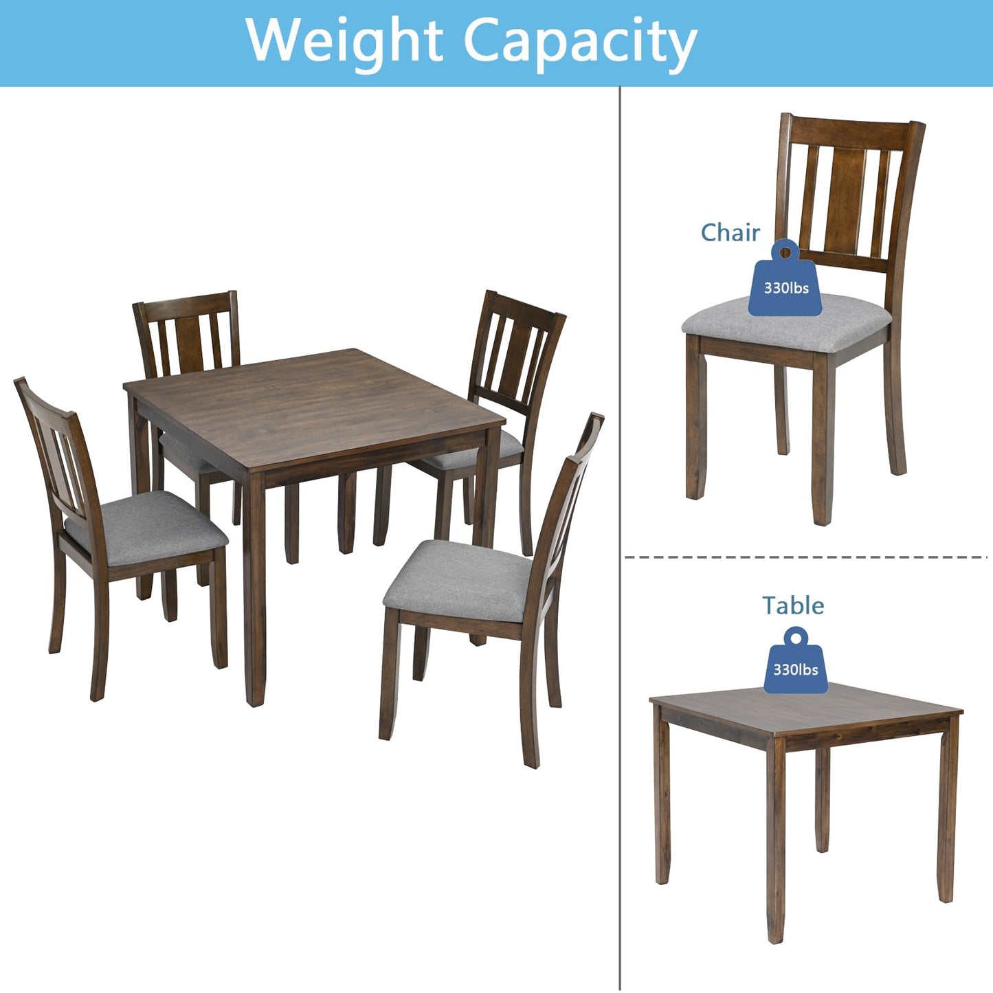 LKTART 5-Piece Kitchen & Dining Room Table and Chairs Sets,Small Square Kitchen Table with 4 Upholstered XX-Shaped Backrest Chairs,Walnut
