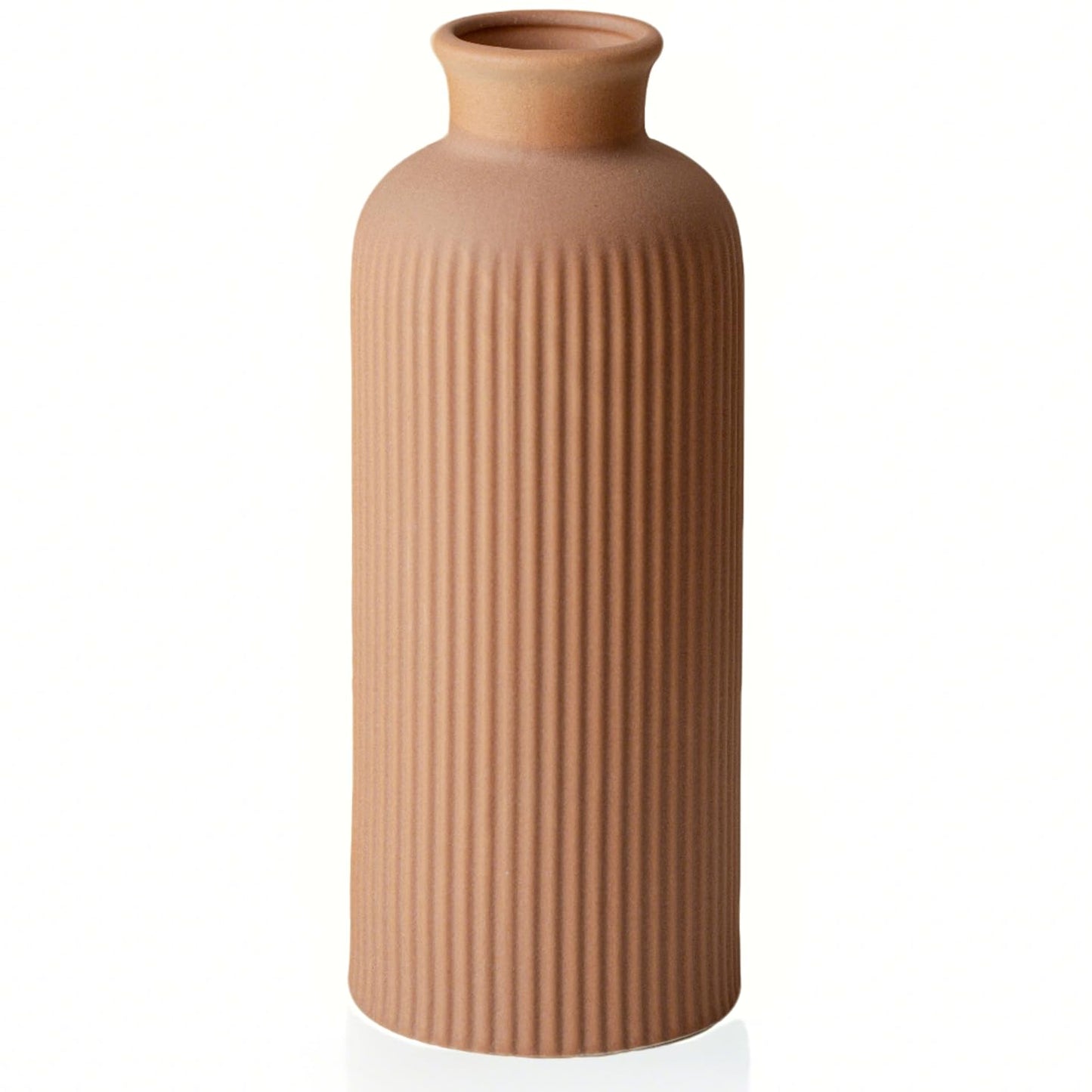 White Ribbed Ceramic Vase for Flowers, Modern Textured Decorative Vase, 10 Inch Tall, Farmhouse Style Home Decor (Matte Glaze White)