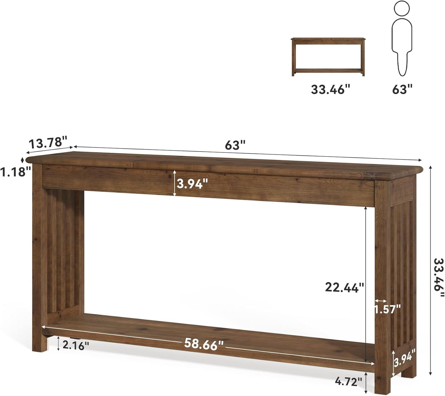 63" Solid Wood Console Table with 2-Tier Shelf, Farmhouse Sofa Table, Rustic Entryway Table for Behind Couch, Hallway, Living Room