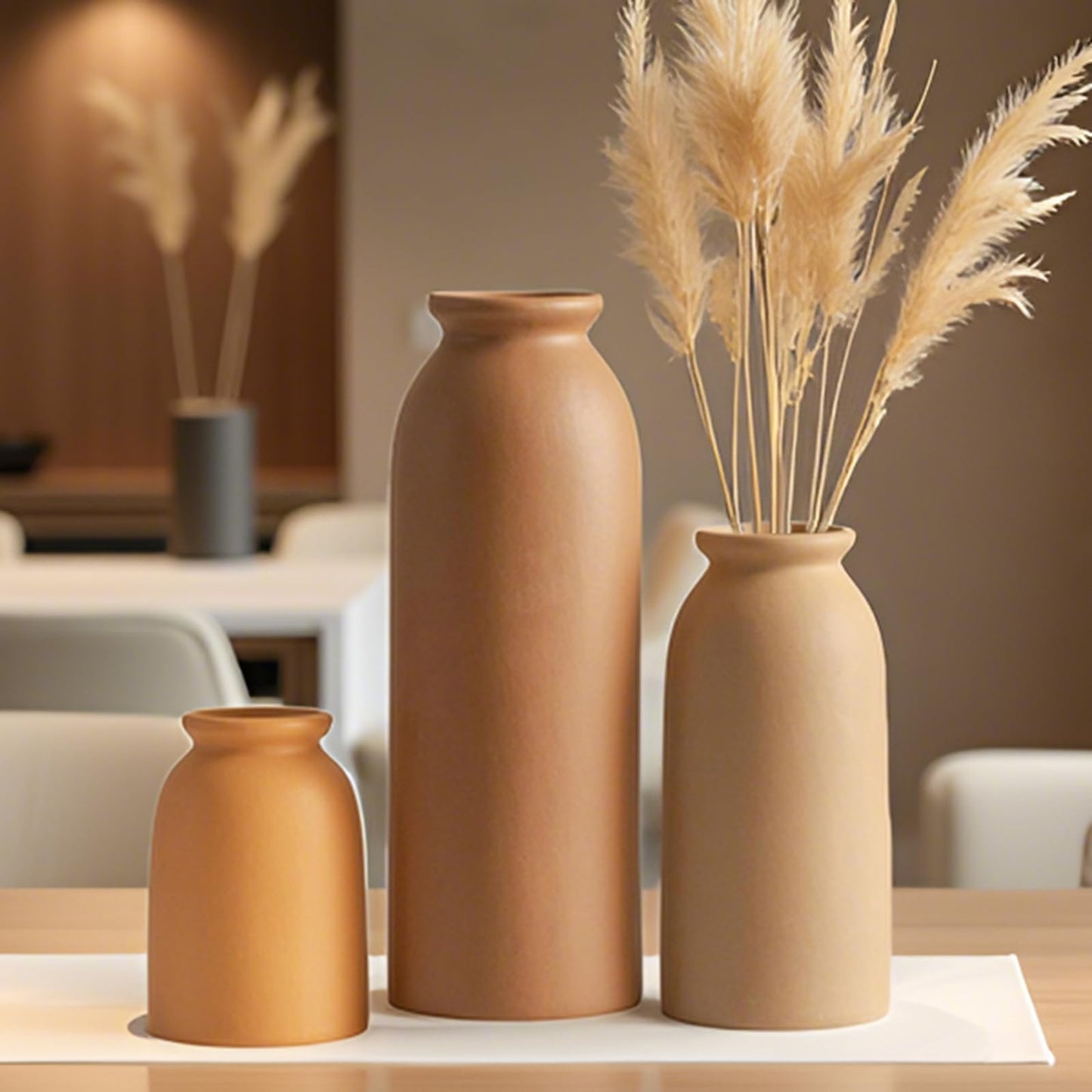 Ceramic Vase Set-3, Small Flower Vases for Decor, Modern Boho Farmhouse Style, Decorative Vases for Pampas Grass & Dried Flowers, Distressed Finish (Beige)