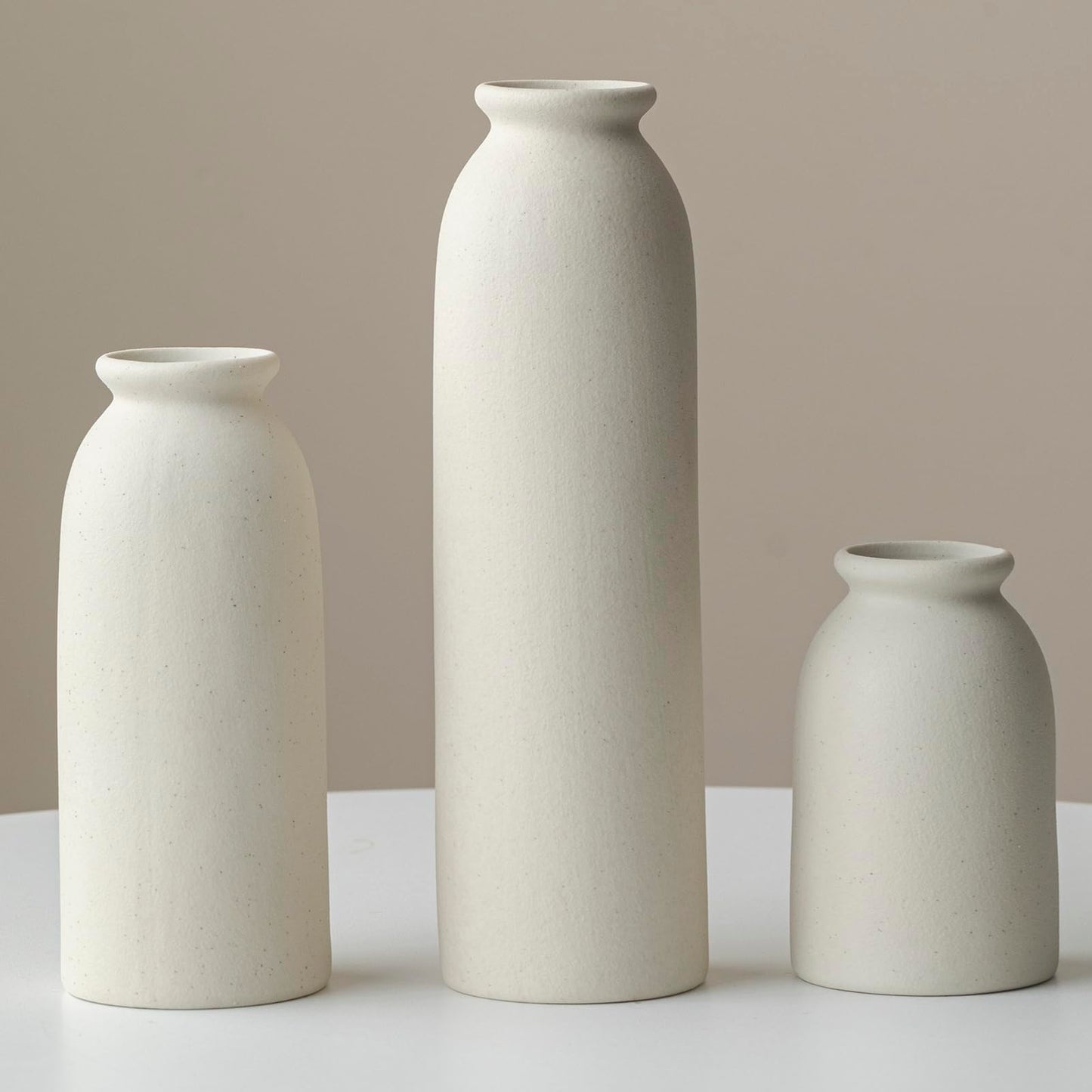 Ceramic Vase Set-3, Small Flower Vases for Decor, Modern Boho Farmhouse Style, Decorative Vases for Pampas Grass & Dried Flowers, Distressed Finish (Beige)