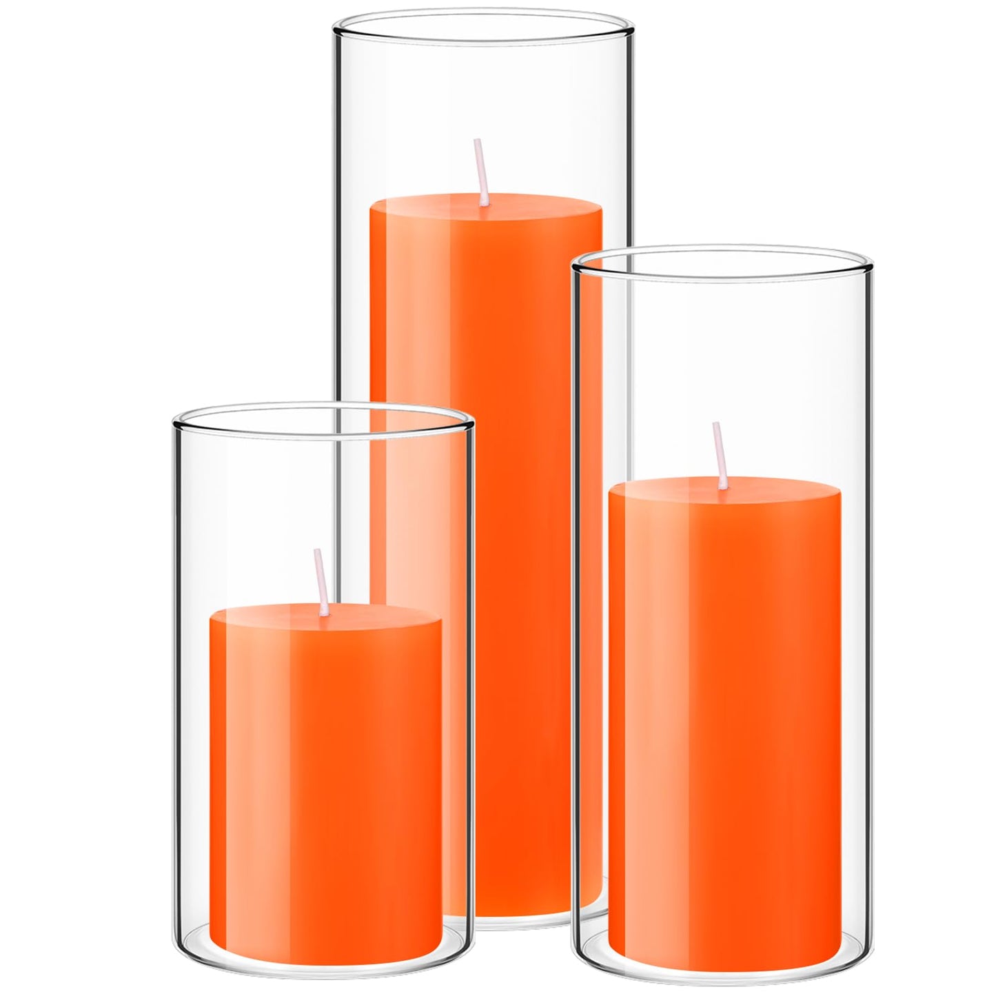 Shihanee Set of 3 Pillar Candles and 3 Glass Cylinder Candle Vases Holders Clear Pillar Jars for Wedding Centerpieces(3'' x 5.9'', 7.9'', 9.8'',Ivory White)