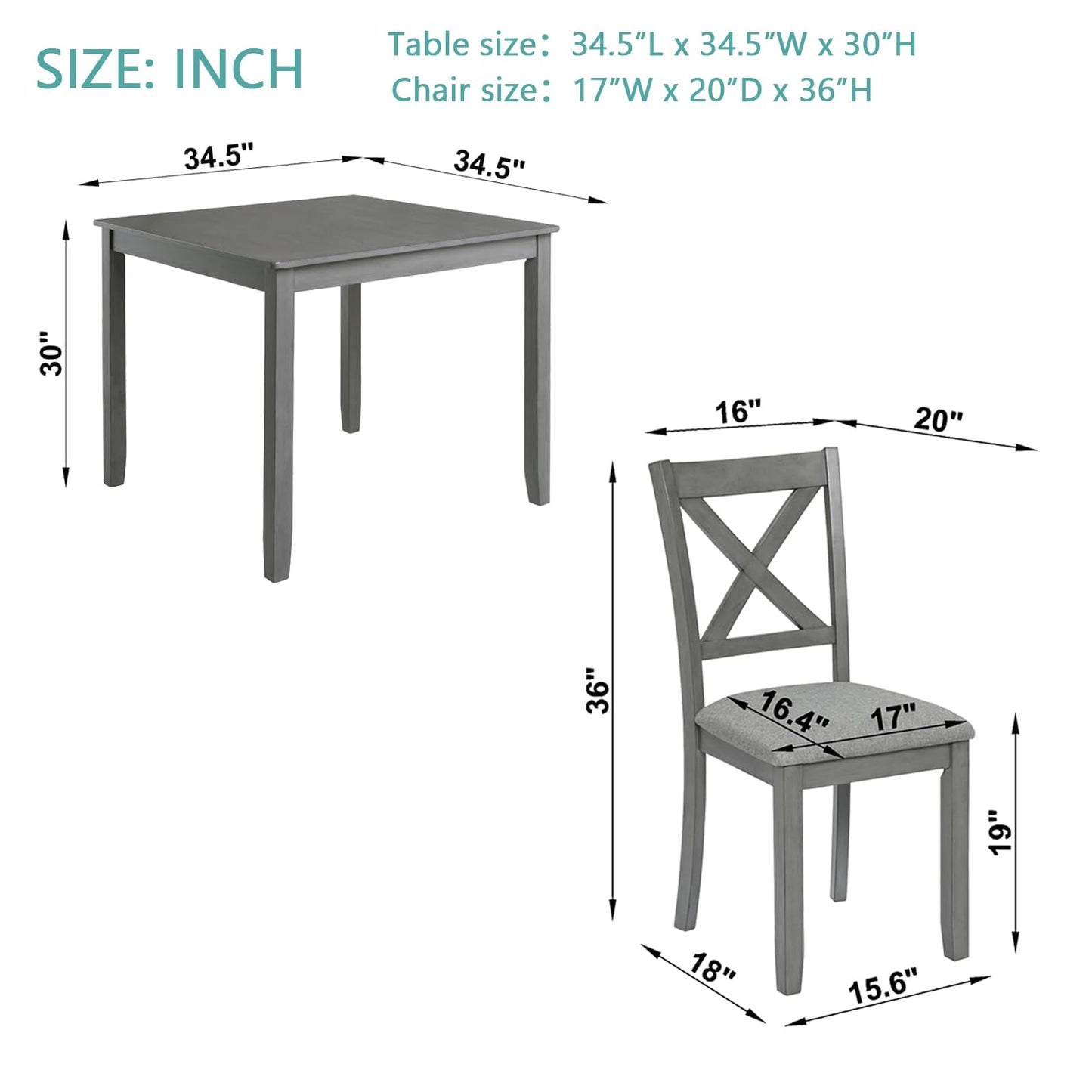 LKTART 5-Piece Kitchen & Dining Room Table and Chairs Sets,Small Square Kitchen Table with 4 Upholstered XX-Shaped Backrest Chairs,Walnut