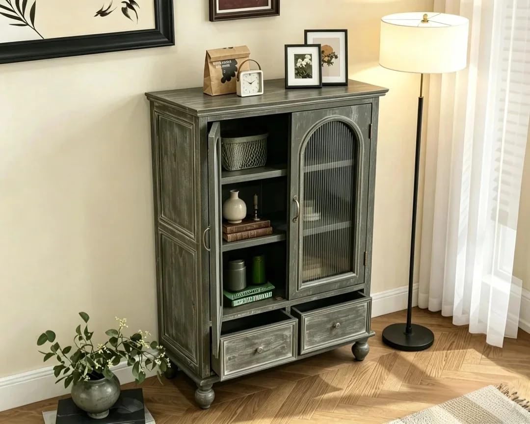 LKTART 60" Farmhouse Sideboard Buffet,Solid Fir Wood Frame with Hollowed-Out Carved Doors,Hand-Distressed Design,Versatile Storage Cabinet for Kitchen, Living Room,Natural Wood