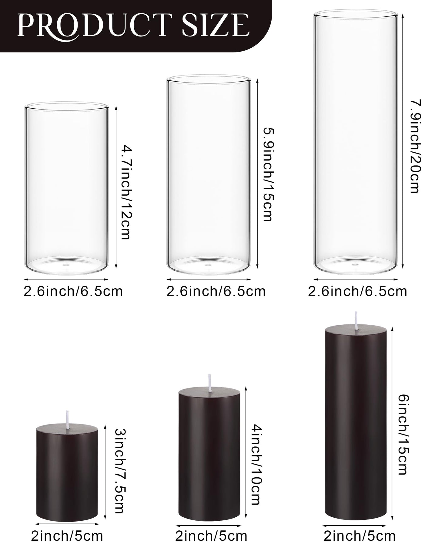 Shihanee Set of 3 Pillar Candles and 3 Glass Cylinder Candle Vases Holders Clear Pillar Jars for Wedding Centerpieces(3'' x 5.9'', 7.9'', 9.8'',Ivory White)