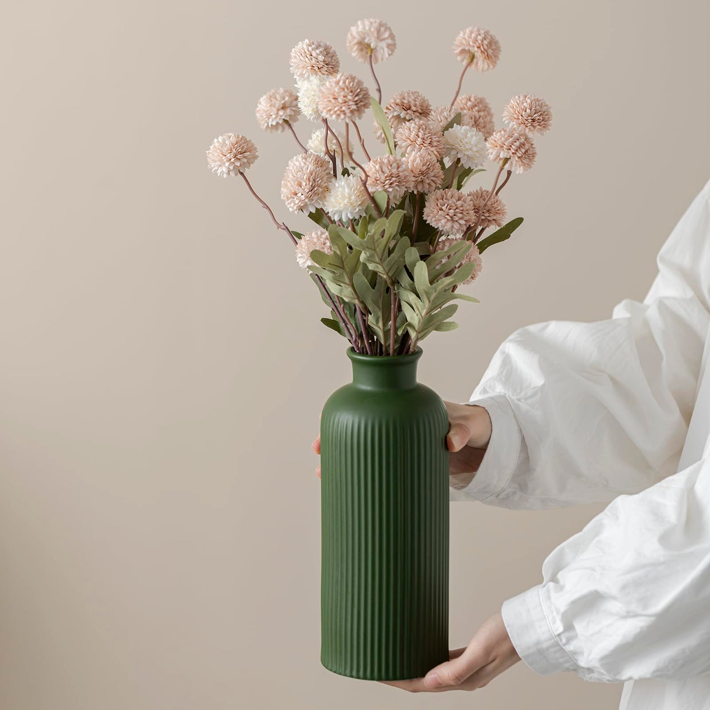 White Ribbed Ceramic Vase for Flowers, Modern Textured Decorative Vase, 10 Inch Tall, Farmhouse Style Home Decor (Matte Glaze White)