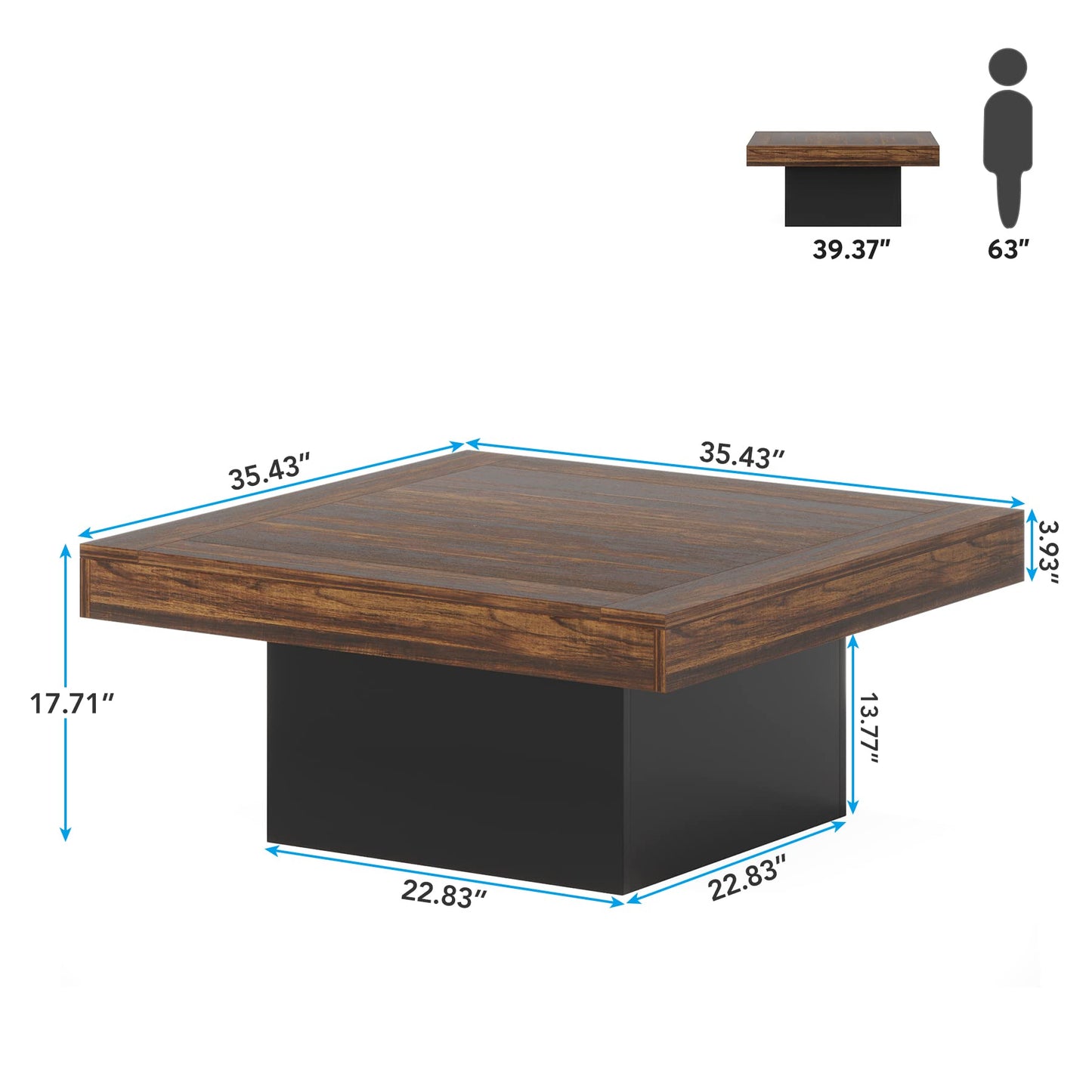 Tribesigns 35.4-Inch Square Coffee Table with LED Light, Modern Wood Coffee Table, Large Center Table for Living Room, Rustic Brown & Black
