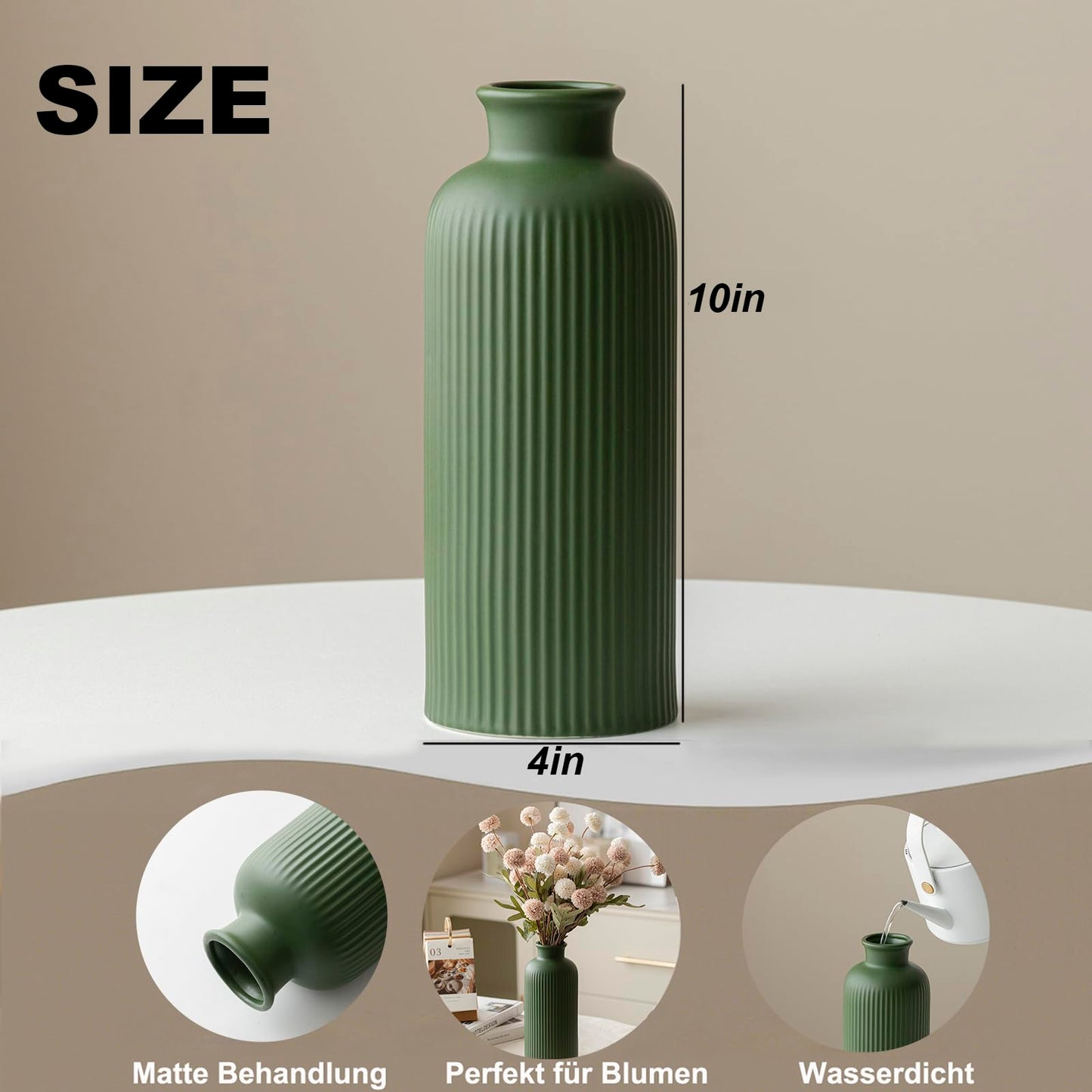 White Ribbed Ceramic Vase for Flowers, Modern Textured Decorative Vase, 10 Inch Tall, Farmhouse Style Home Decor (Matte Glaze White)