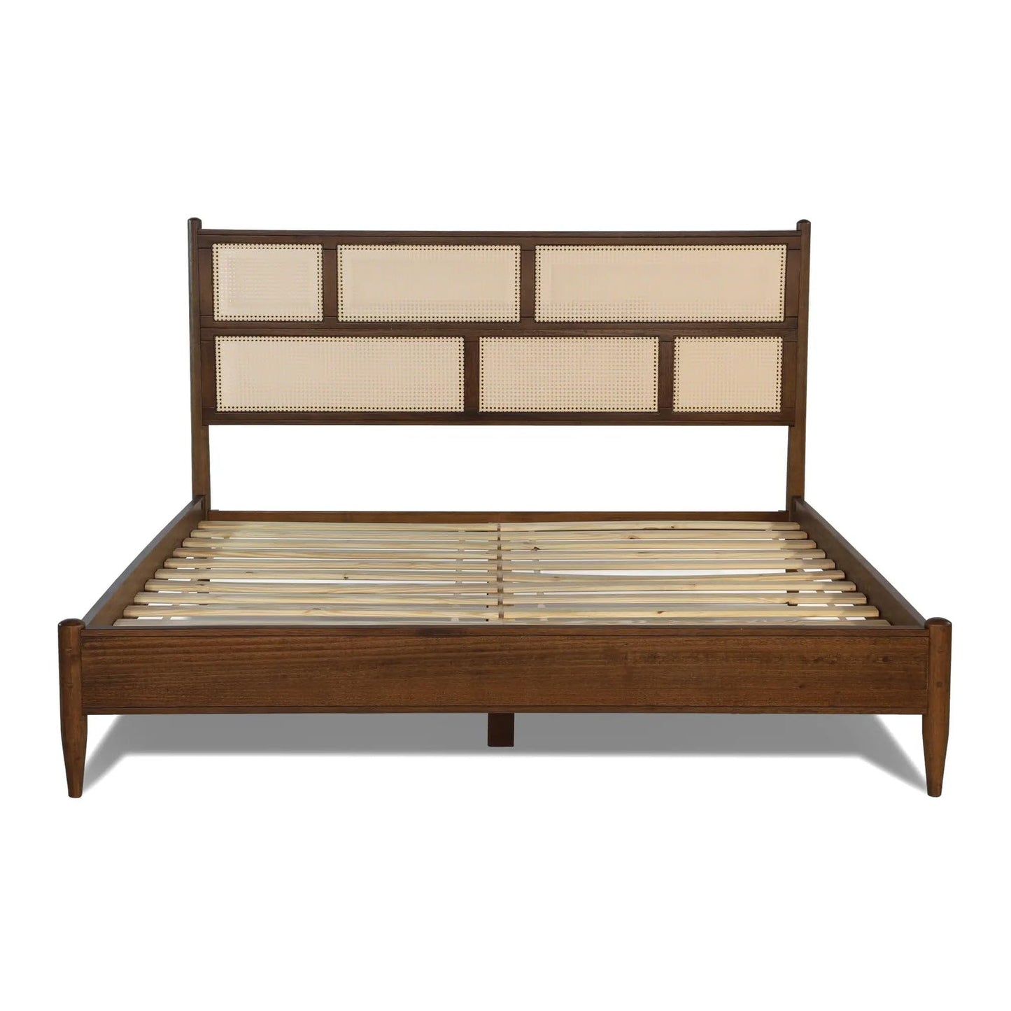 Grain Wood Furniture Mid Century Cane Solid Wood Queen Size Bed with a Brushed Walnut Finish