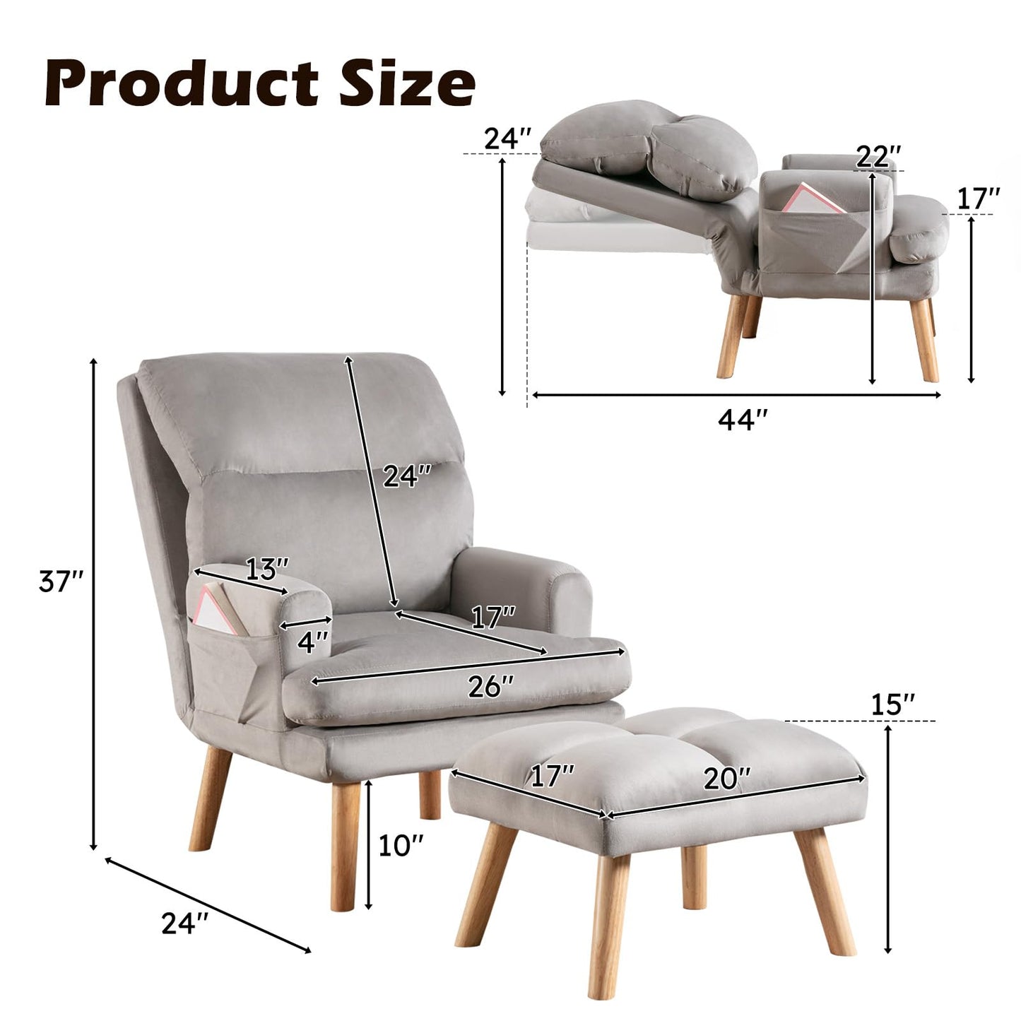 IOMOR Accent Chair with Ottoman Comfy Reading Chair Armchair with Adjustable Backrest and Side Pockets Soft Fabric Leisure Sofa for Bedroom, Living Room, Dorm Rooms, Garden, Beige