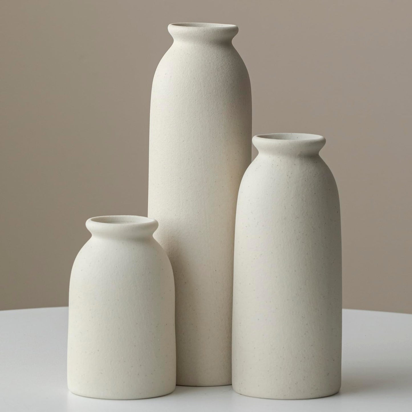 Ceramic Vase Set-3, Small Flower Vases for Decor, Modern Boho Farmhouse Style, Decorative Vases for Pampas Grass & Dried Flowers, Distressed Finish (Beige)