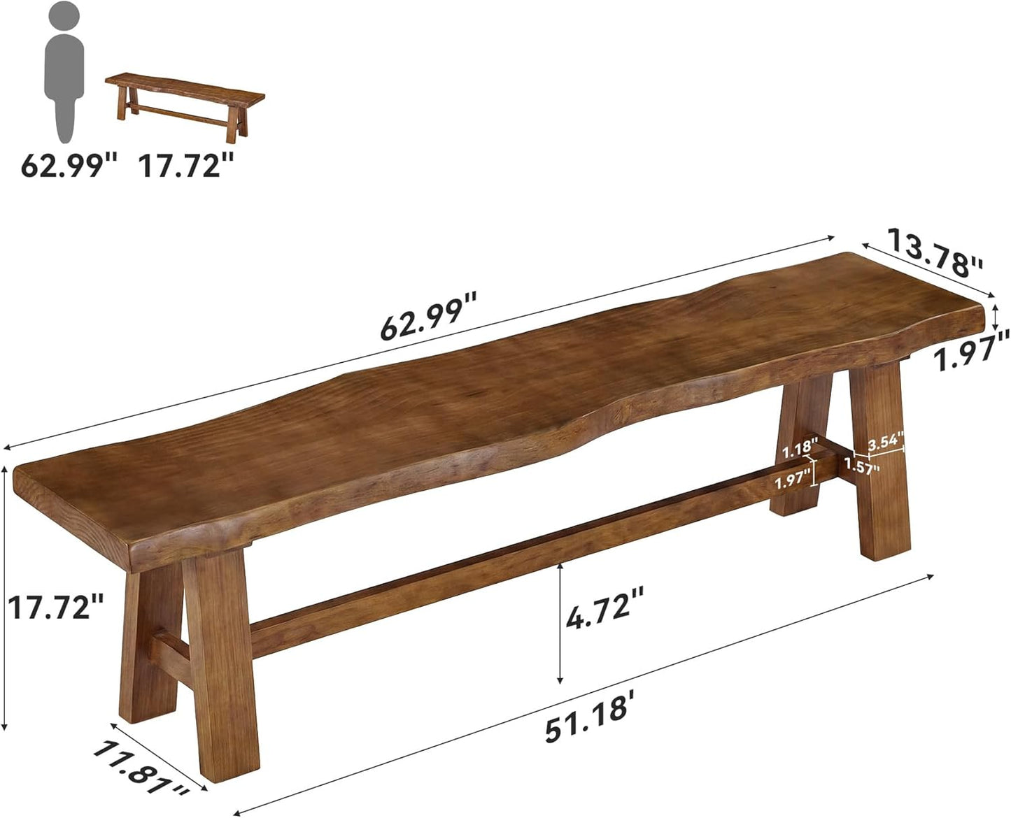 Solid Wood Entryway Bench, 63" Long Bed Bench with Angled Legs, Farmhouse Seating Benches for Entryway, Bedroom, Dining Room, Living Room, Rustic Brown