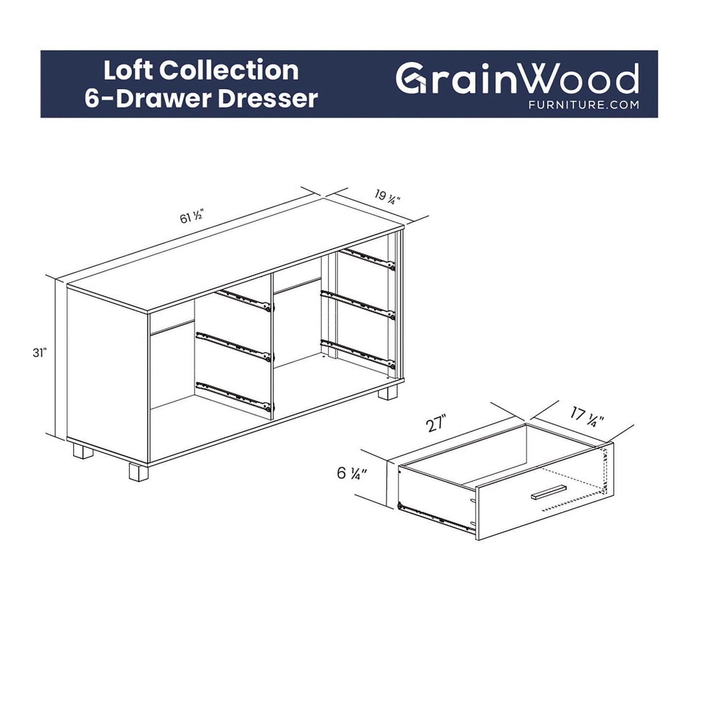 Grain Wood Furniture Loft 6-Drawer Dresser, Solid Wood with Weathered Pine Finish