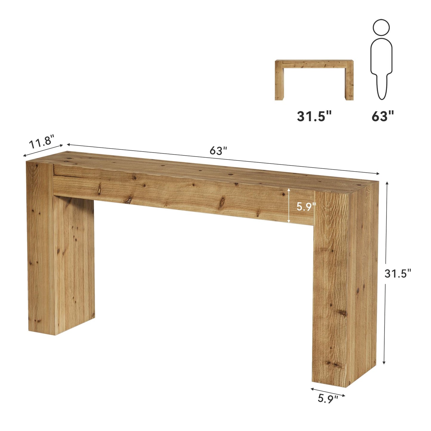 Solid Wood Console Table, 63-Inch Farmhouse Sofa Table Behind Couch for Entryway, Living Room, Foyer, Easy Assembly (Light Wood)
