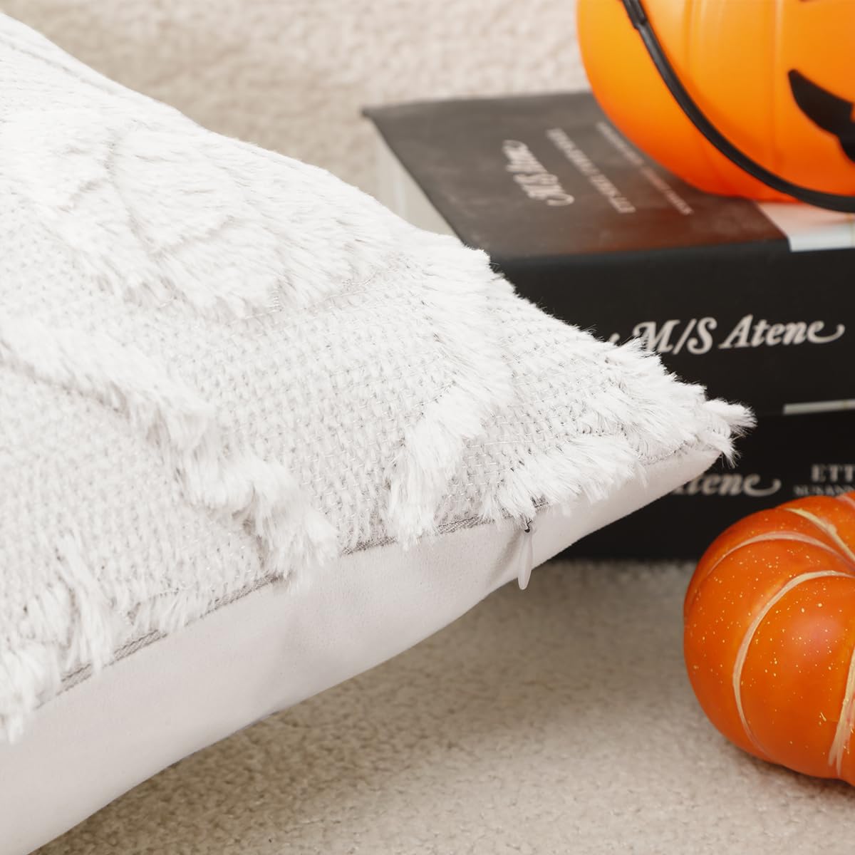 VAKADO Halloween Fall Throw Pillow Covers 18x18 Set of 2 Pumpkin Autumn Couch Thanksgiving Home Decorations Kitchen Decor Plush Embroidered Velvet Cushion for Farmhouse Bed Sofa Living Room,Cream