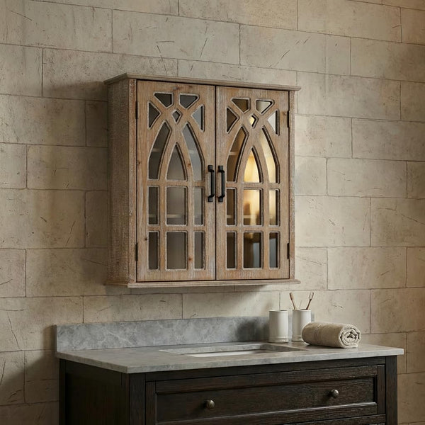 LKTART Farmhouse Wall Mounted Bathroom Cabinet with Window Pane Glass Door,Vintage Hanging Storage Cabinet for Bathroom,Kitchen,Dining Room,21.26 x 8.46 x 24.61,Natural