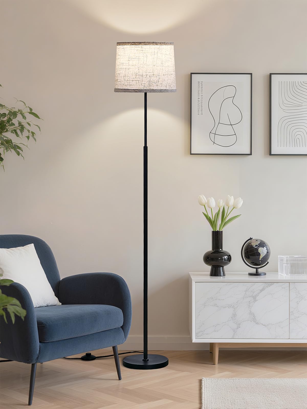 60" Modern Floor Lamp for Living Room Bedroom, Standing Lamp with Oatmeal Linen Lampshade, Tall Lamp with A19 9W 3 Color Temperature Bulb, Foot Switch Control, Black