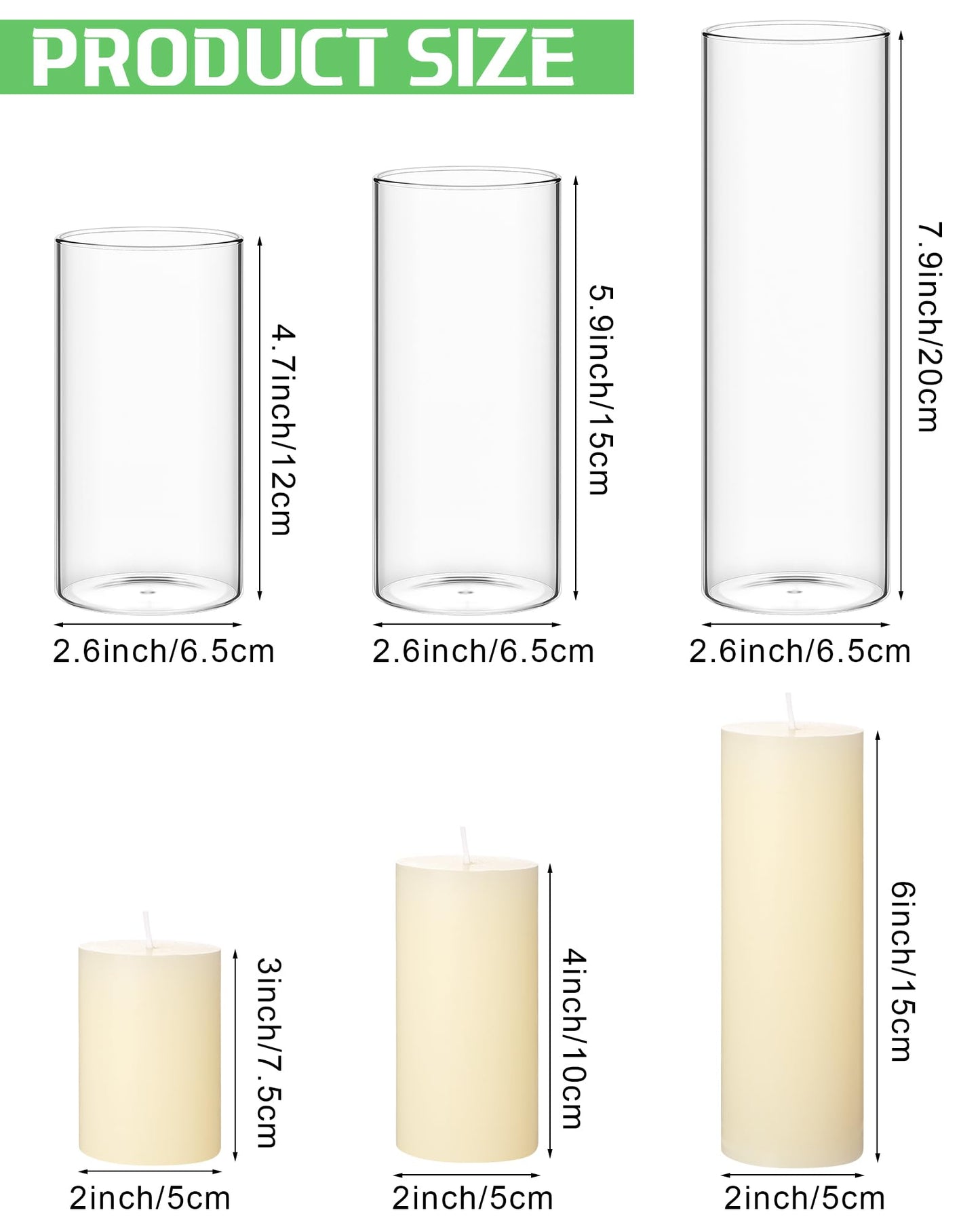 Shihanee Set of 3 Pillar Candles and 3 Glass Cylinder Candle Vases Holders Clear Pillar Jars for Wedding Centerpieces(3'' x 5.9'', 7.9'', 9.8'',Ivory White)