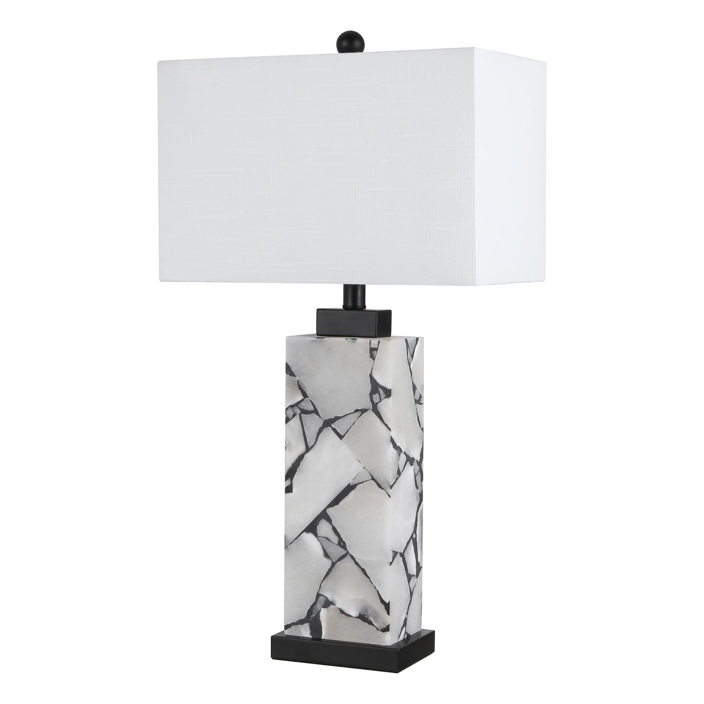 JONATHAN Y 24.25" Black/White Modern Alabaster LED Table Lamp for Home Decor, White Linen Shade, Coastal Nightstand Lamp with Built-in Base Accent Light (JYL8507A)