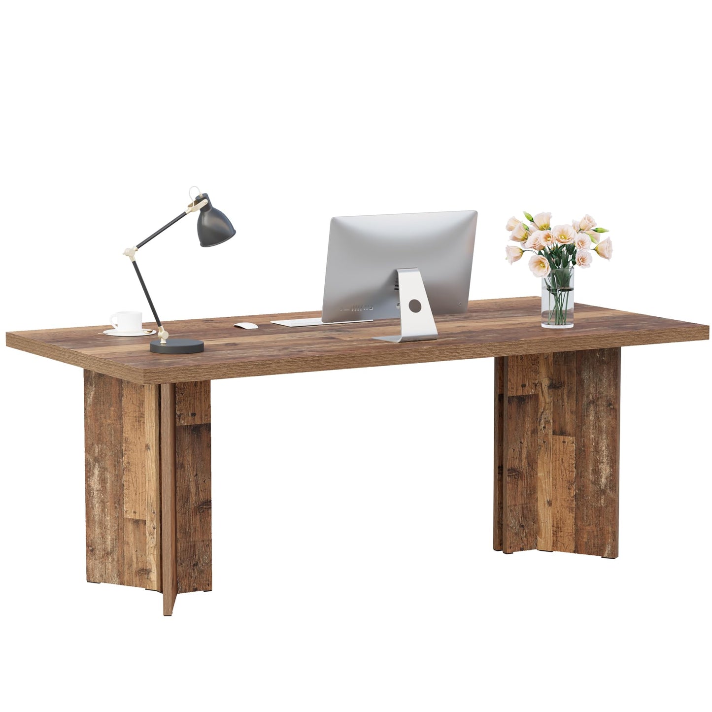 Tribesigns 63-inch Executive Desk, Vintage Home Office Computer Desk with Large Tabletop, Farmhouse Wood Writing Conference Table Workstation for Office, Study, Walnut Brown