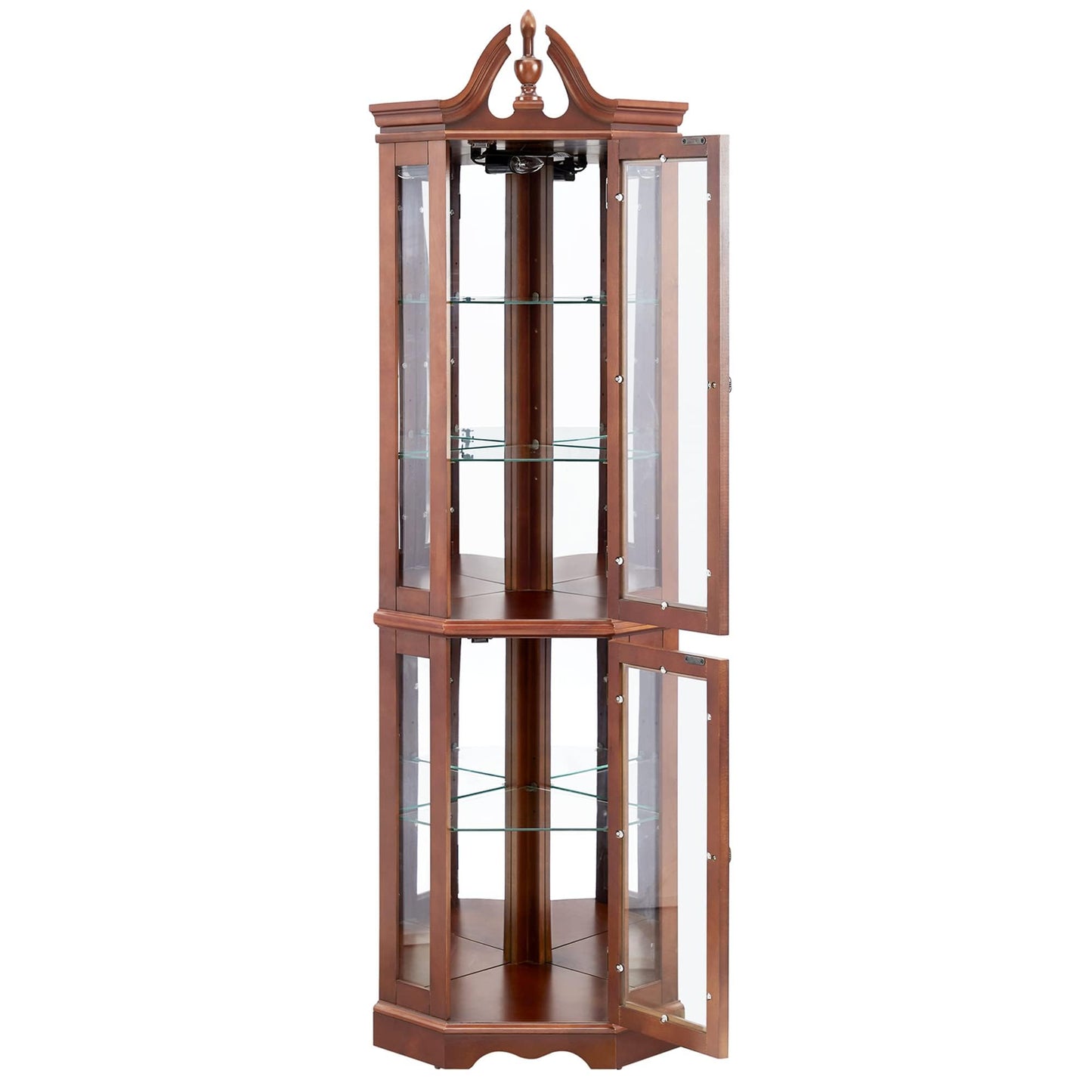 LKTART Corner Storage Cabinet,Glass Display Cabinet with Lights,Corner Curio Cabinet with Tempered Glass Doors and Shelves(70.5" T x15.4 D x 21.7" W Walnut)