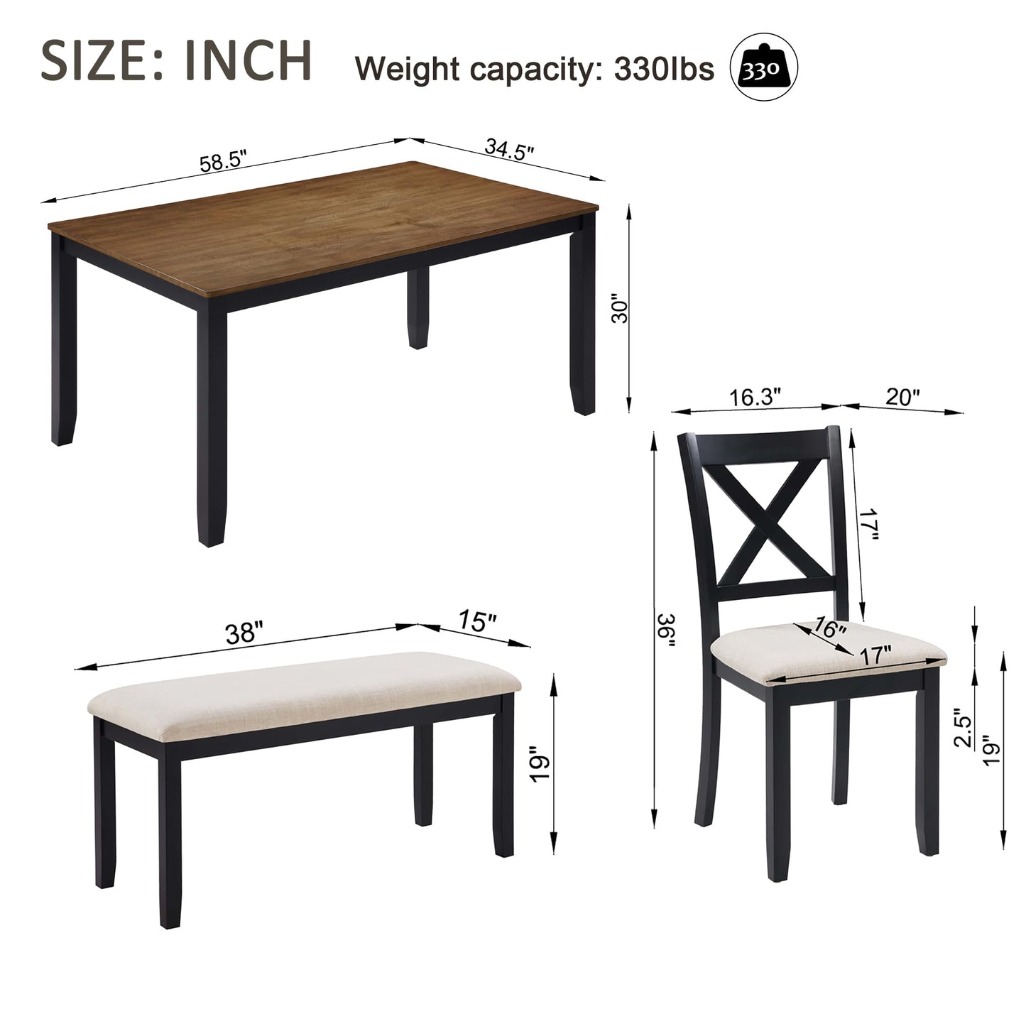 LKTART 6 Piece Kitchen Dining Set, 58.5" Rectangular Wooden Dinner Table with 4 Upholstered Chairs and a Bench for Living Room, Home Bar and Kitchen, Walnut