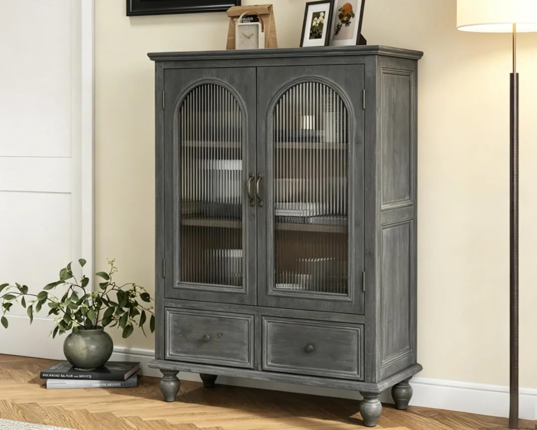 LKTART 60" Farmhouse Sideboard Buffet,Solid Fir Wood Frame with Hollowed-Out Carved Doors,Hand-Distressed Design,Versatile Storage Cabinet for Kitchen, Living Room,Natural Wood
