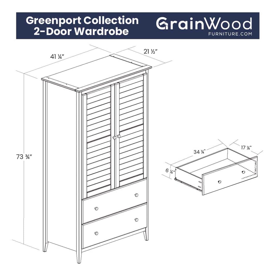 Grain Wood Furniture Greenport 2-Door Wardrobe, Solid Wood with a Brushed Walnut Finish