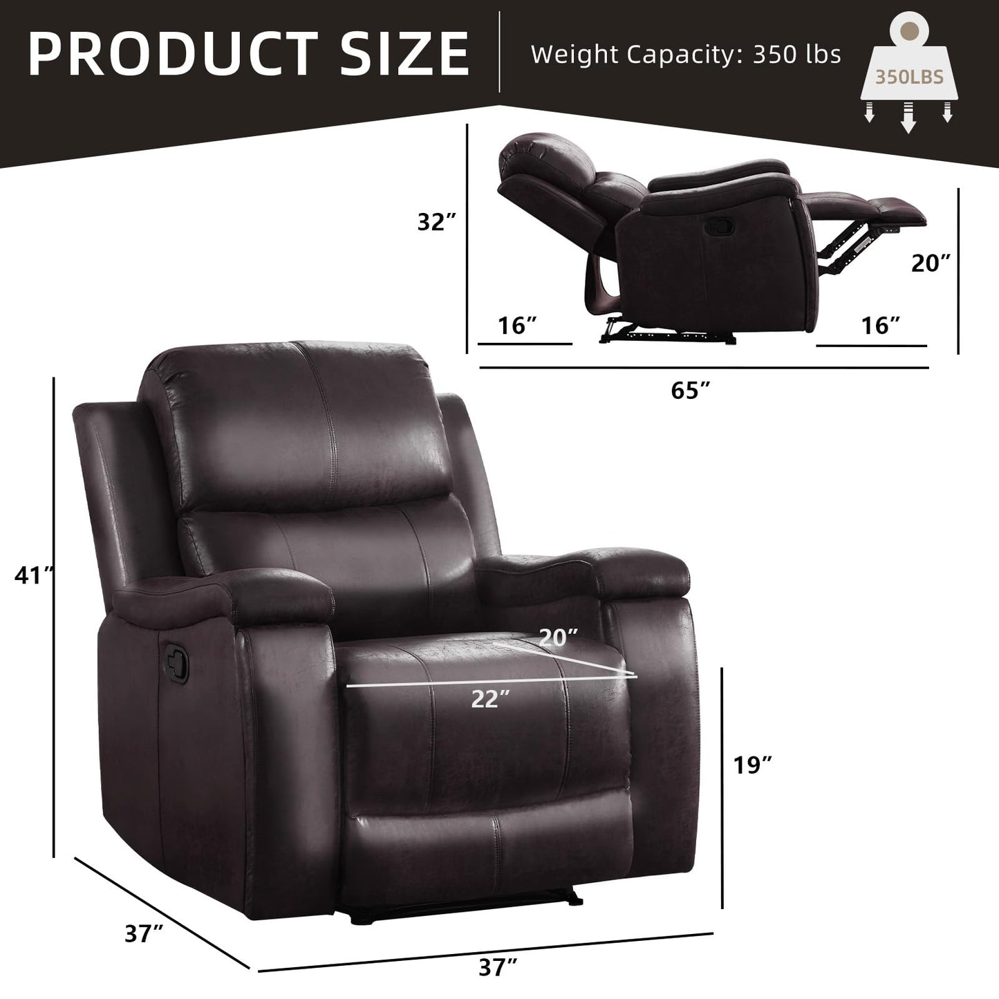 IOMOR Leather Recliner Chair, Manual Recliner Chair for Adults with Overstuffed Arms and Back, Single Sofa Recliner with Cup Holders for Living Room (1, Brown)