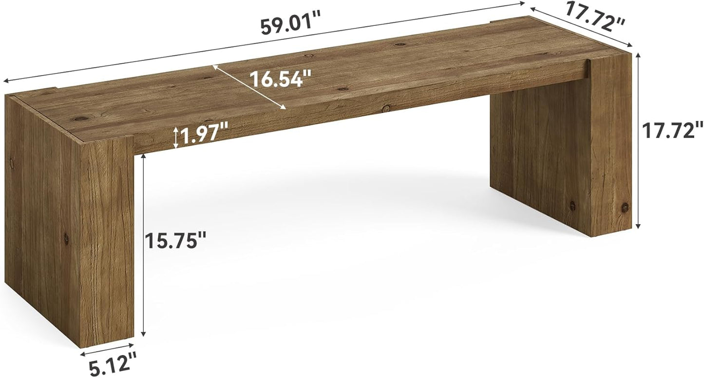 59-Inch Solid Wood Entryway Bench, Farmhouse TV Stand, Long Dining Bench for with Sturdy Frame for Living Room, Dining Room, Kitchen, Bedroom, Hallway, Rustic Brown