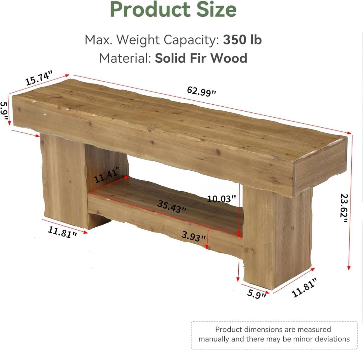 63" Solid Wood Dining Bench, Farmhouse Kitchen Table Bench with Storage Shelf, Kitchen & Living Room Furniture, Easy to Assemble, Sturdy and Stable, Rustic Brown