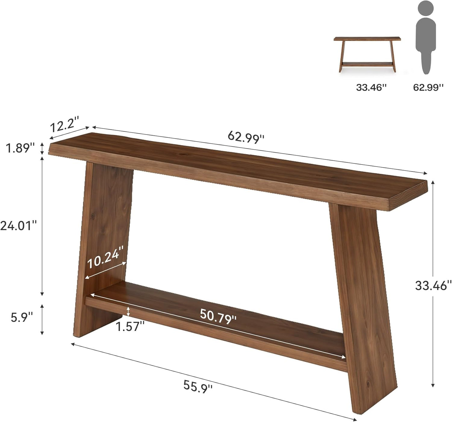 Solid Wood Console Table, 62.99" Entryway Table with Storage Shelf, 2 Tiers Narrow Skinny Sofa Table for Hallway, Entrance, Living Room, Brown
