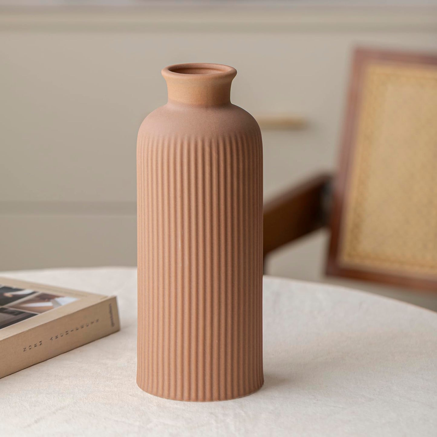 White Ribbed Ceramic Vase for Flowers, Modern Textured Decorative Vase, 10 Inch Tall, Farmhouse Style Home Decor (Matte Glaze White)