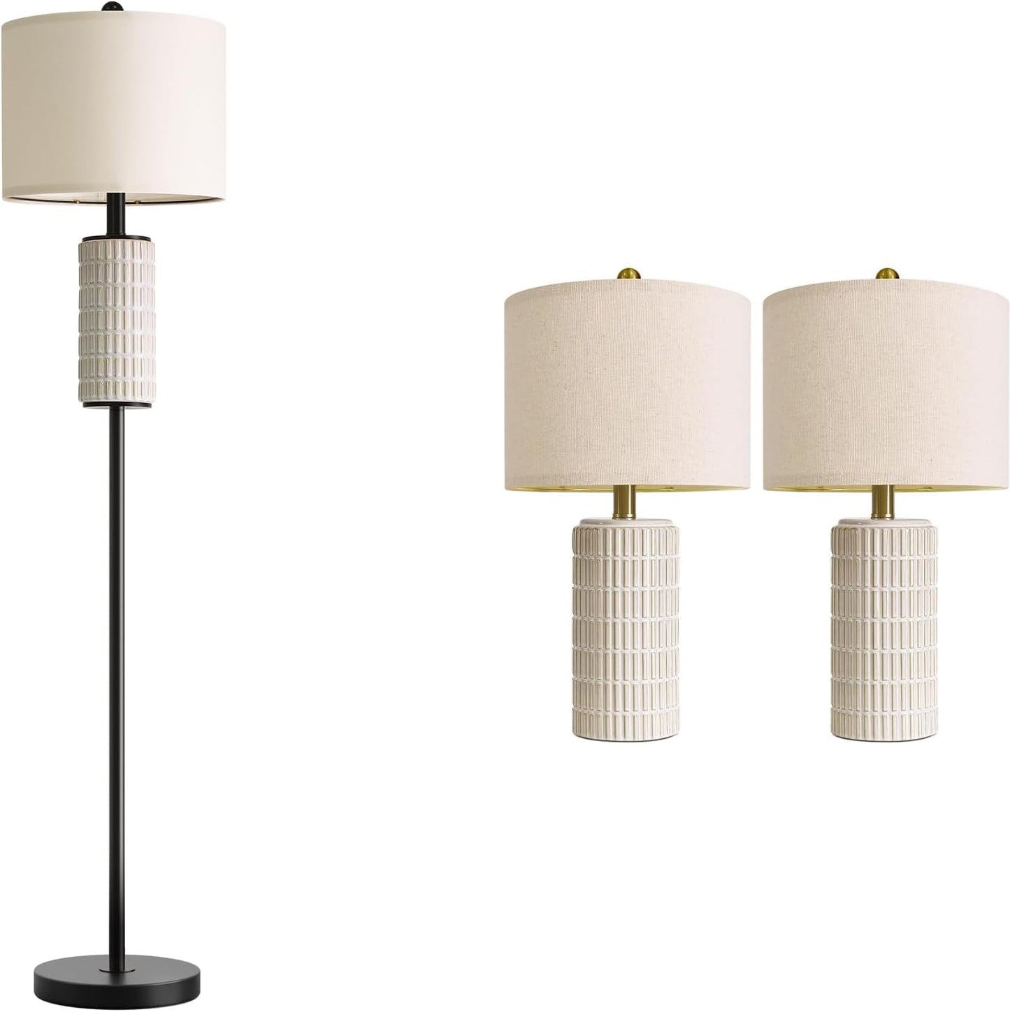 PoKat 64‘’ Ceramic Black Floor Lamp for Living Room Bedroom and 20‘’ Modern Ceramic Table Lamps Set of 2